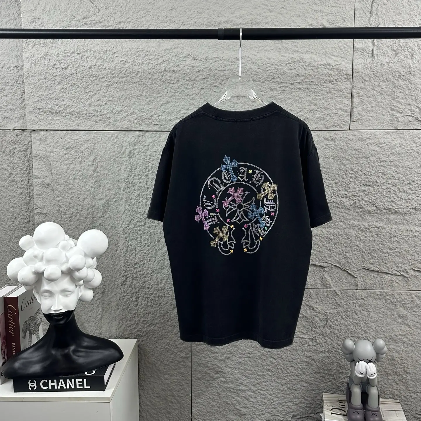 Rhinestone Logo Distressed Cotton T-Shirt D15019735