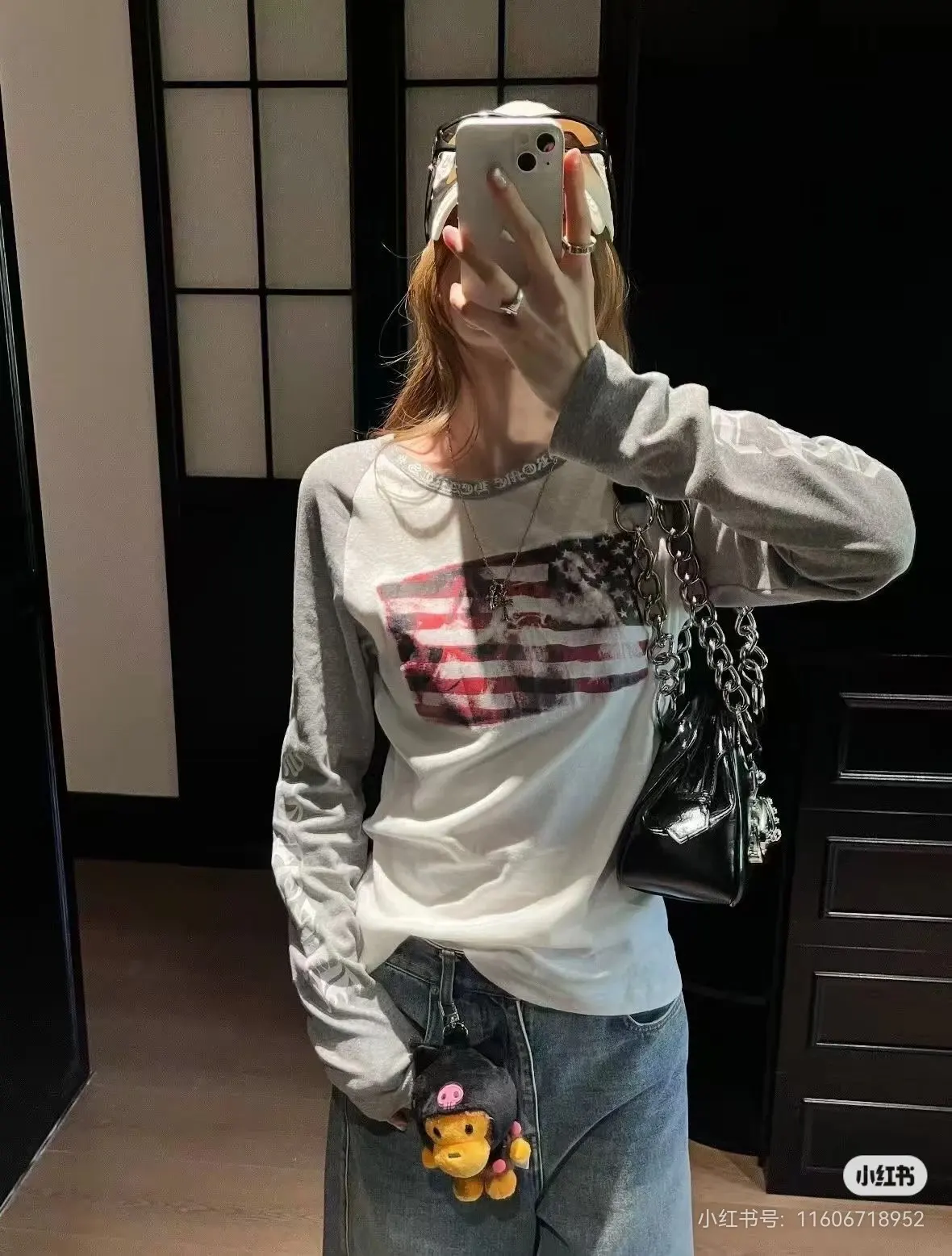 American Flag Print Raglan Long-Sleeve T-Shirt D15523764
