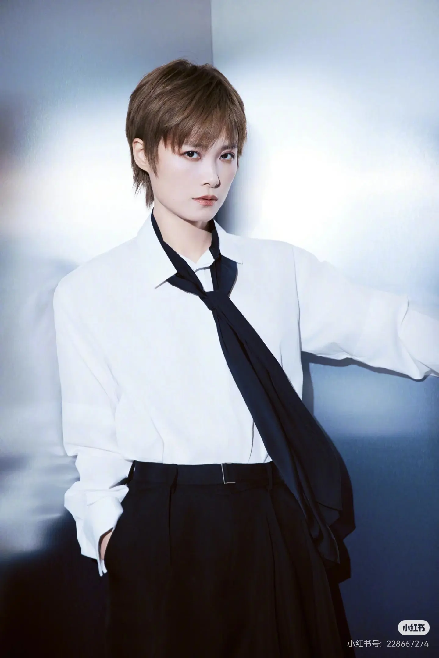 Tie-Neck Poplin Shirt with Chiffon Scarf D18523712