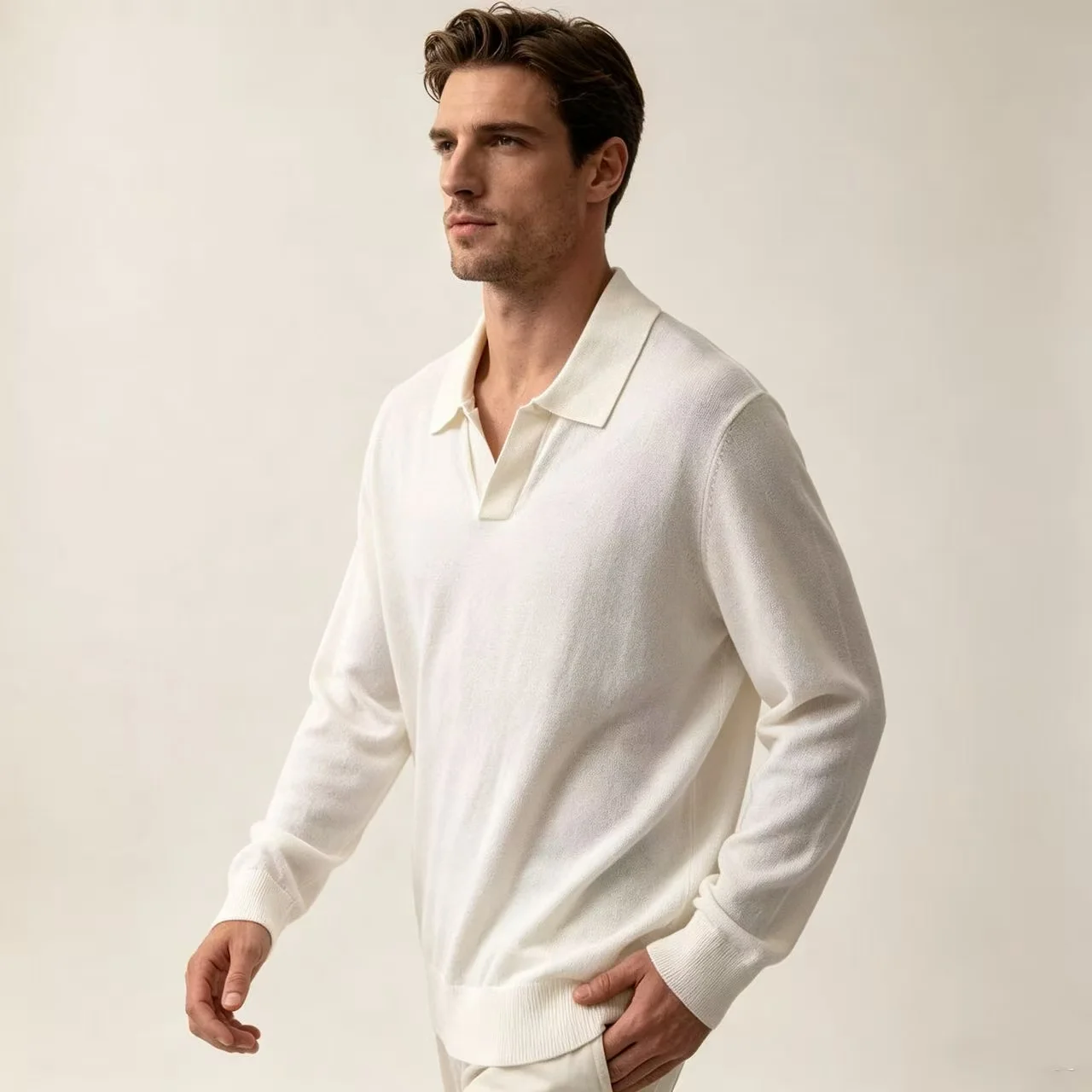 Silk and Wool-Blend Long-Sleeve Polo Sweater D25023657 — view 5
