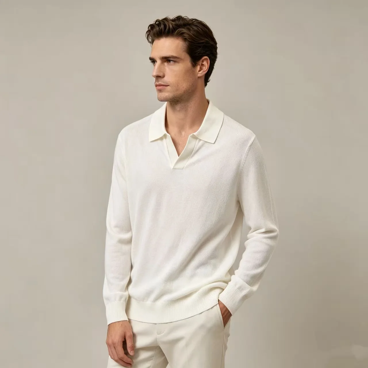 Silk and Wool-Blend Long-Sleeve Polo Sweater D25023657 — view 7