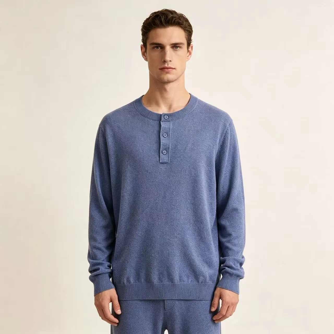 Marl-Effect Henley Neck Knit Sweater D25023654
