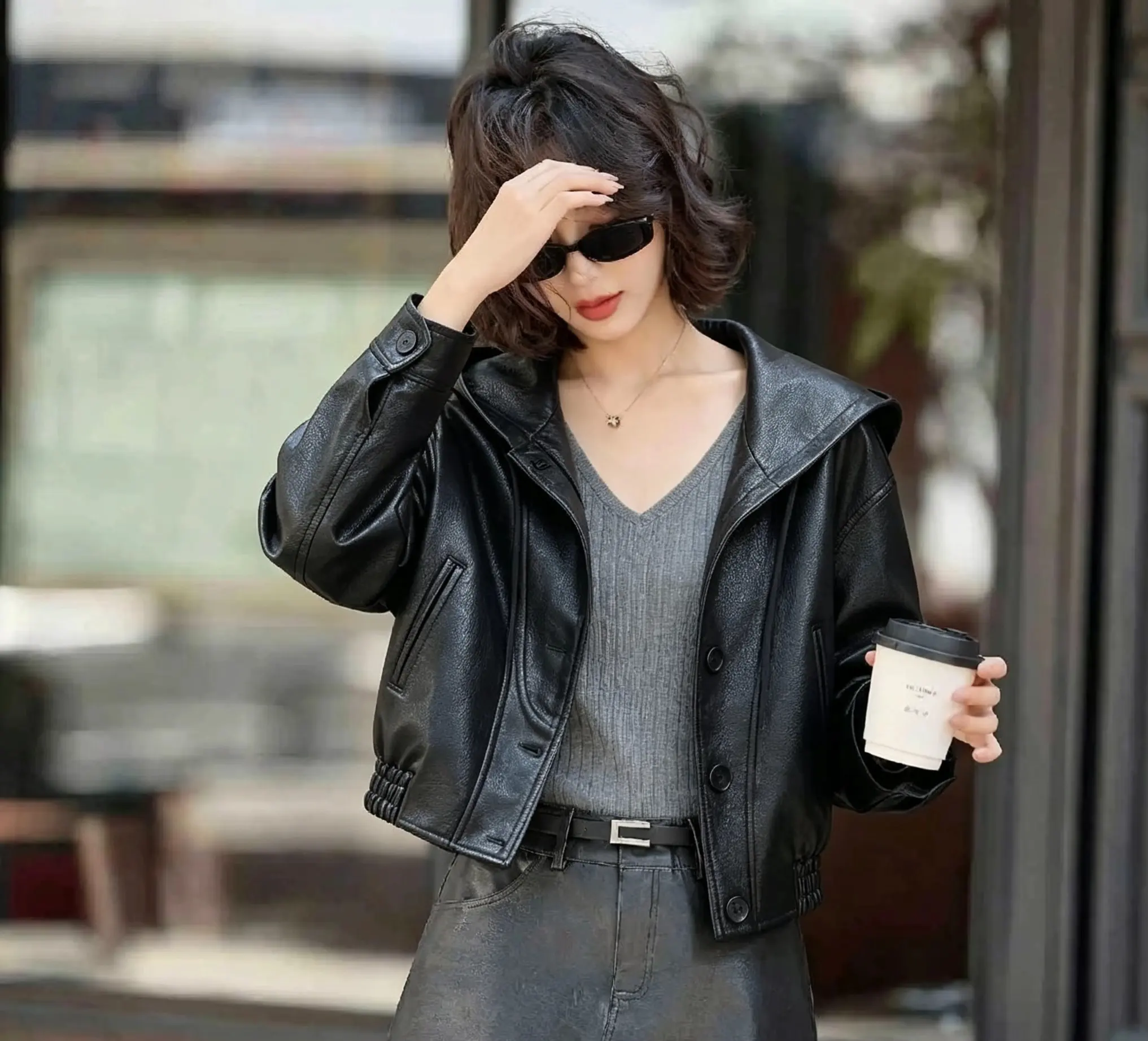 Faux Leather Biker Jacket with Elasticated Waist D25023772