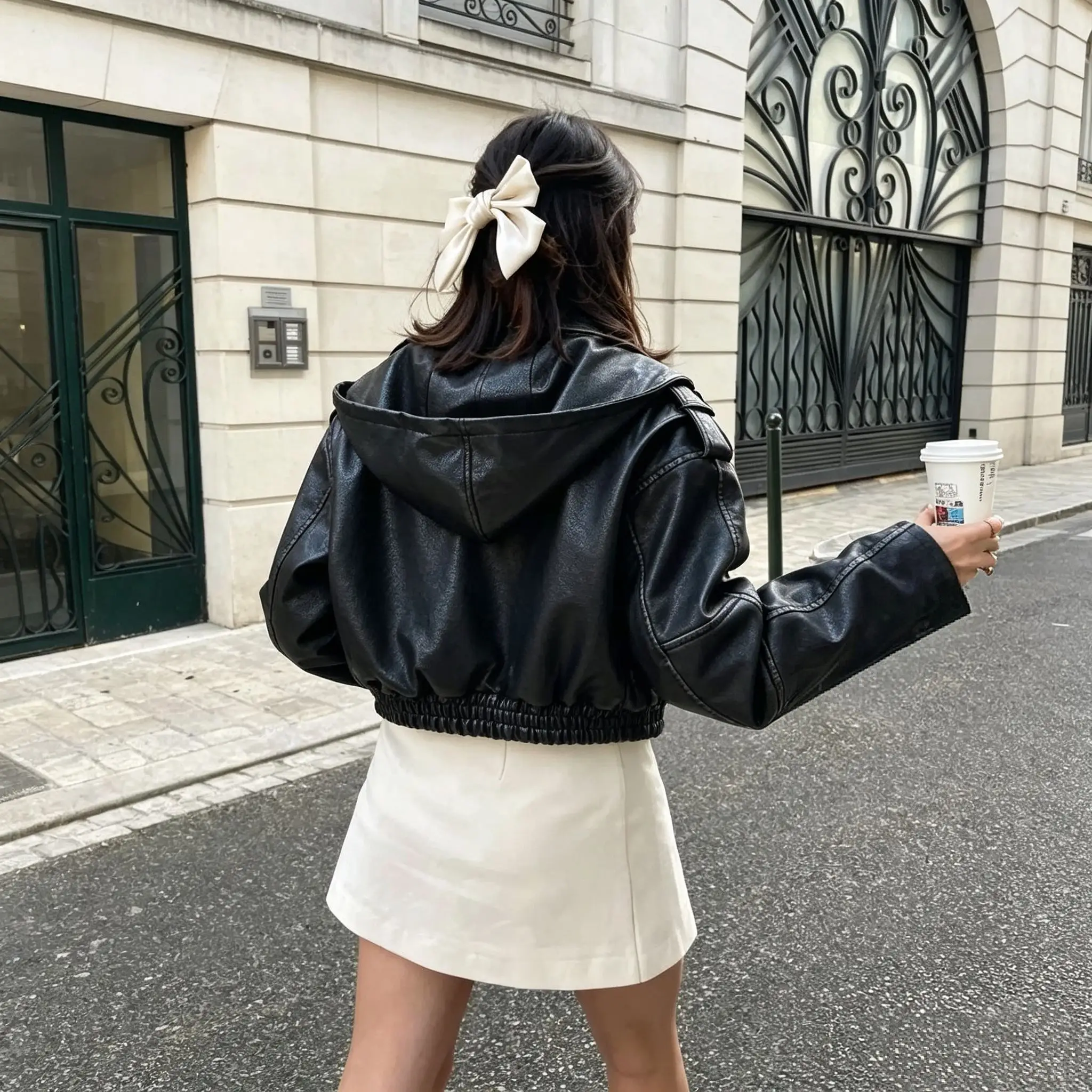 Faux Leather Biker Jacket with Elasticated Waist D25023772 — view 3