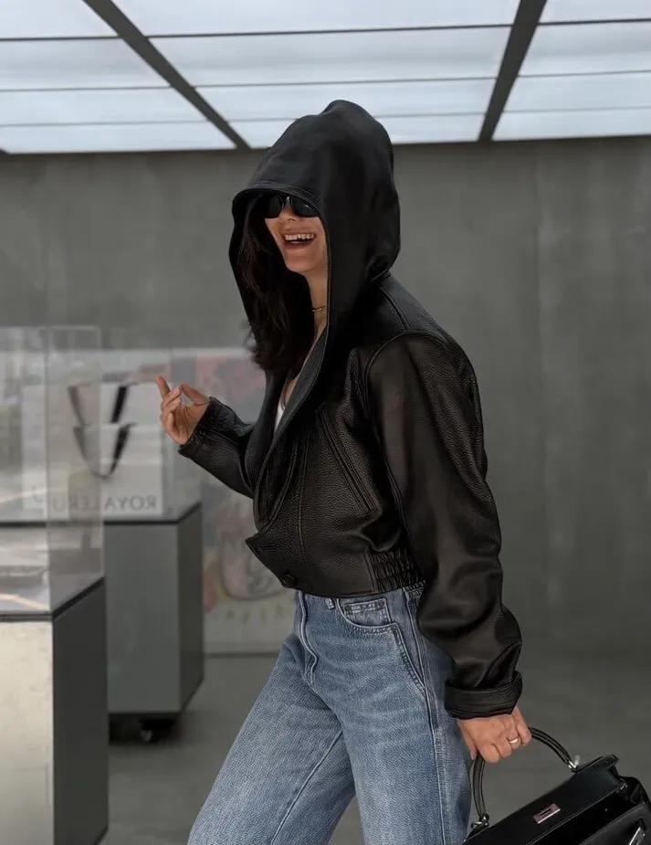 Faux Leather Biker Jacket with Elasticated Waist D25023772 — view 6