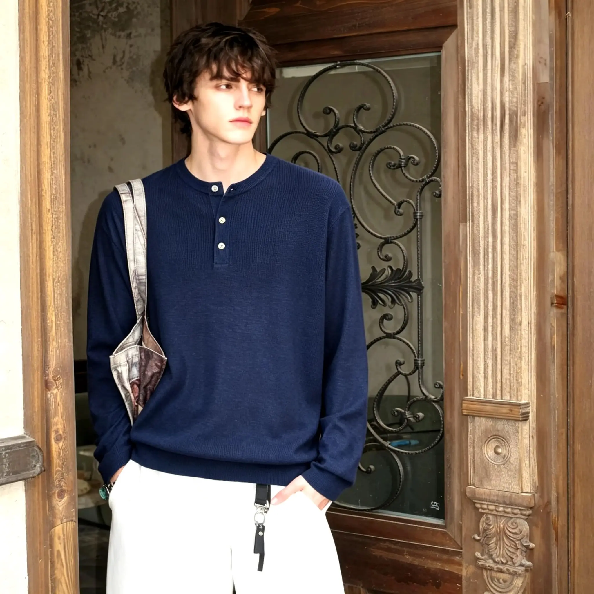 Marl-Knit Henley Neck Sweater D26023701