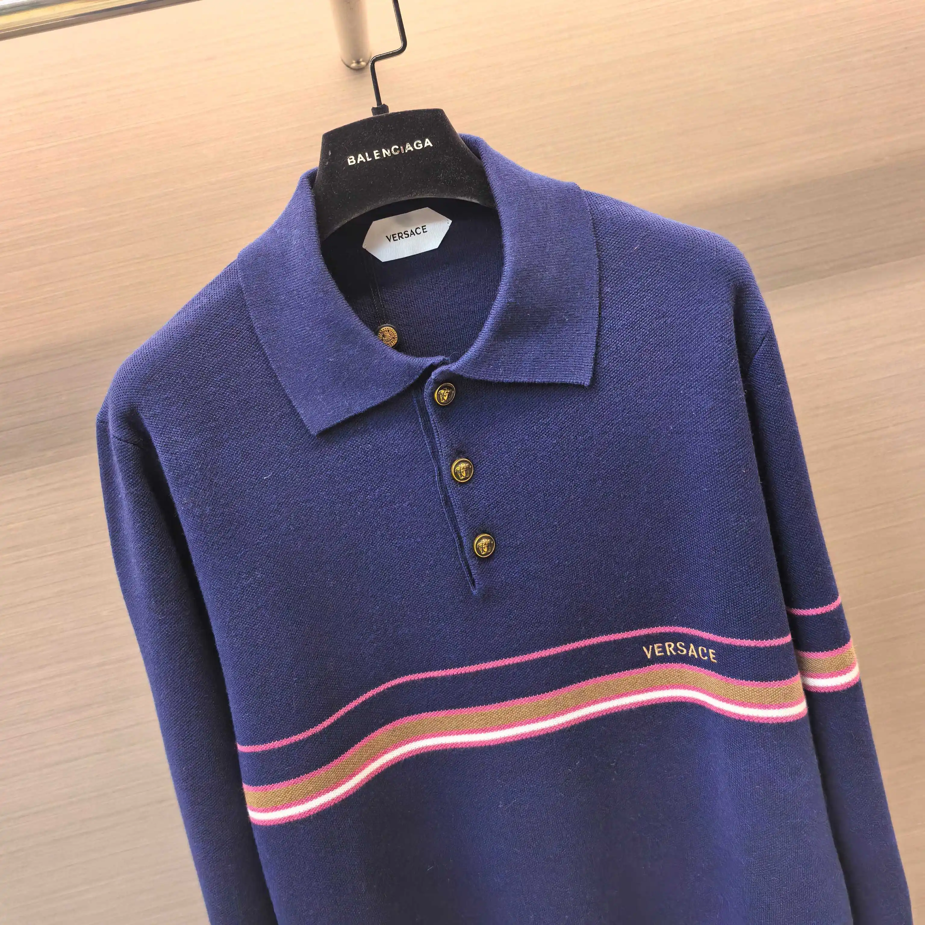 Striped Silk-Wool Blend Long-Sleeve Polo Sweater D27023717 — view 3