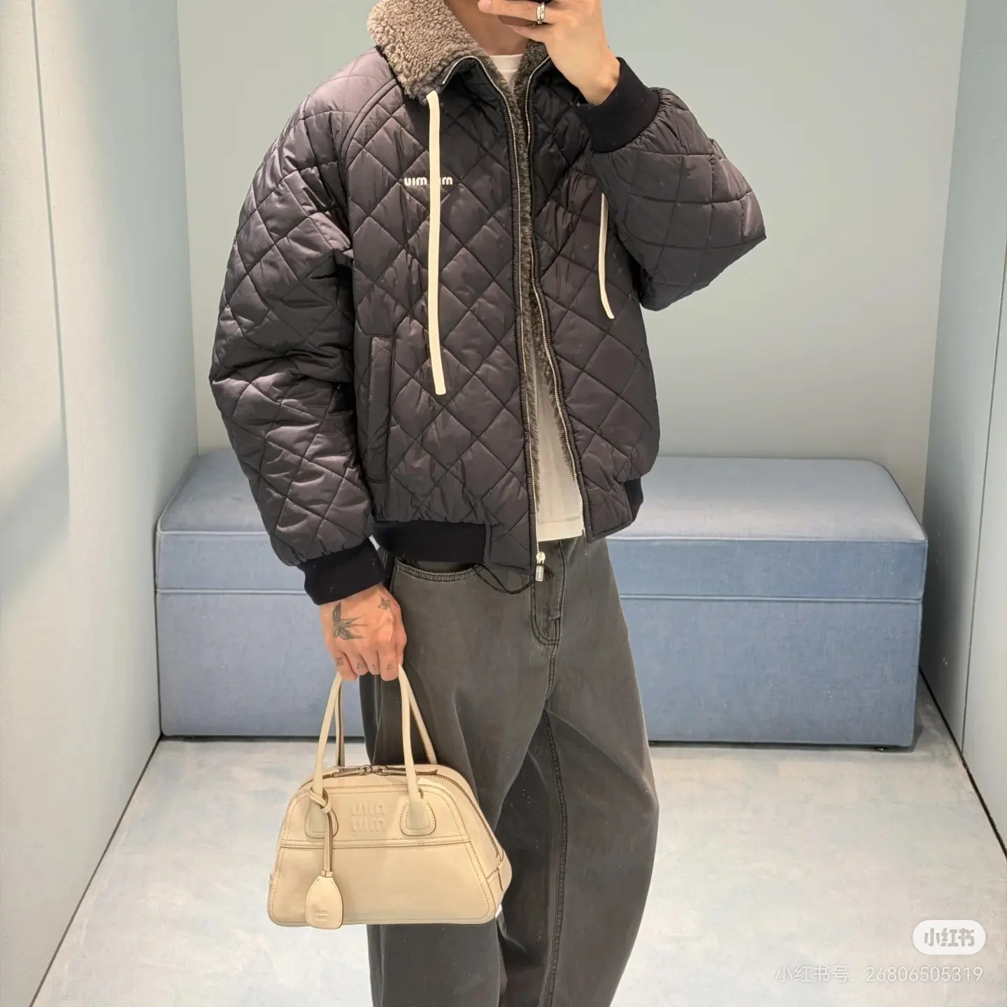 Quilted Shearling-Trimmed Bomber Jacket D28023702 — view 4