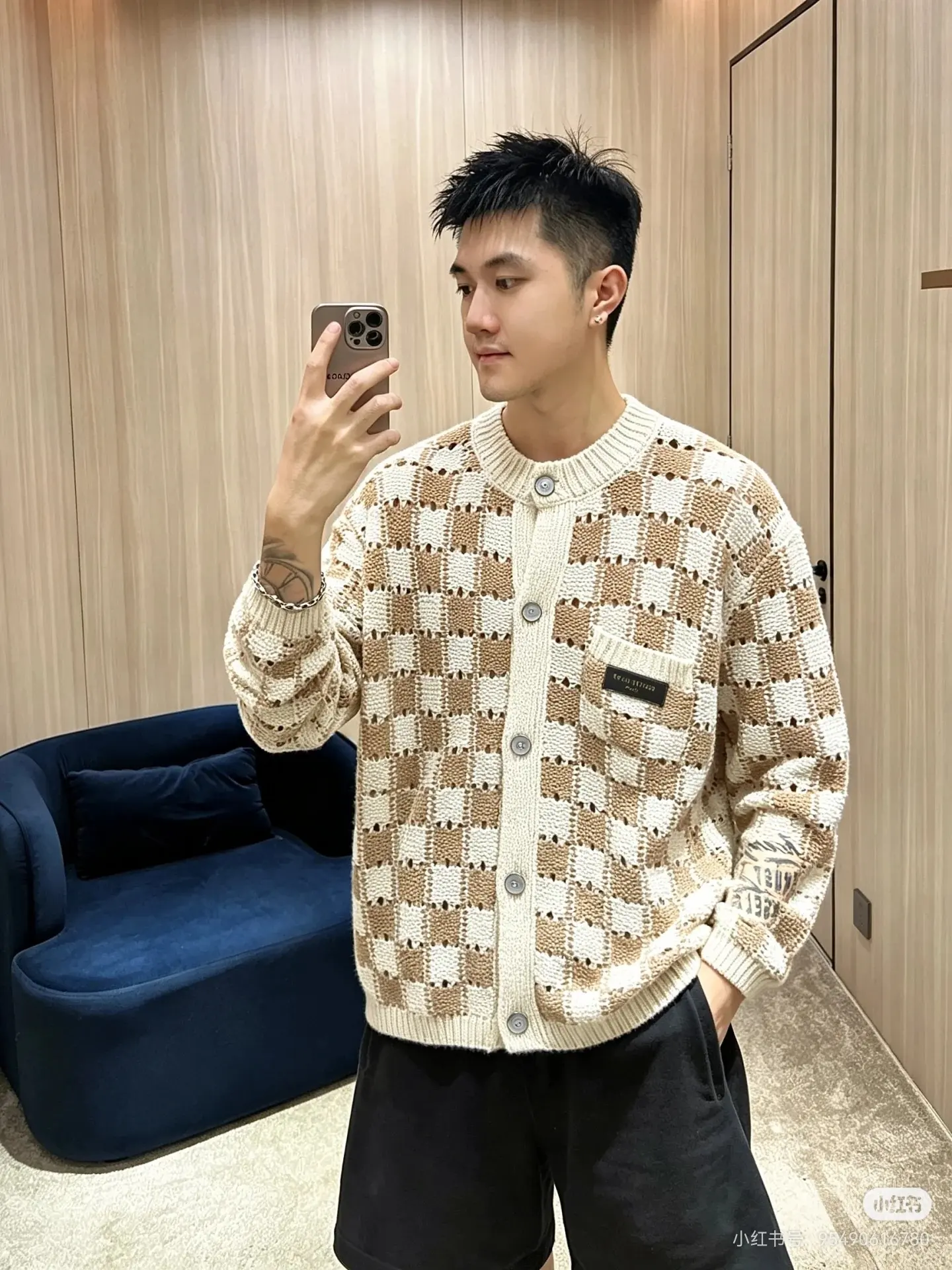 Damier Open-Knit Cotton-Blend Cardigan D31523719 — view 6