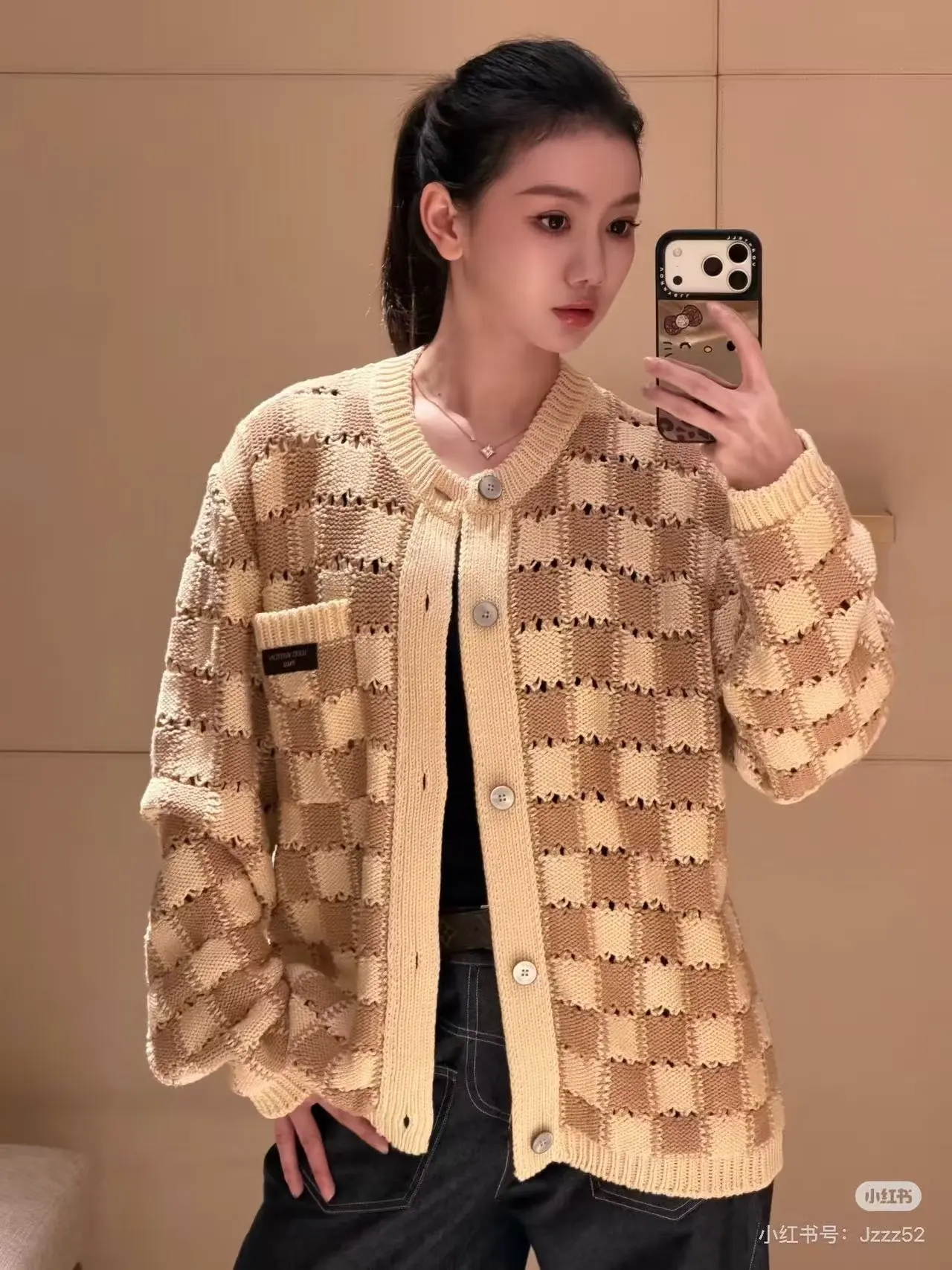 Damier Open-Knit Cotton-Blend Cardigan D31523721 — view 3