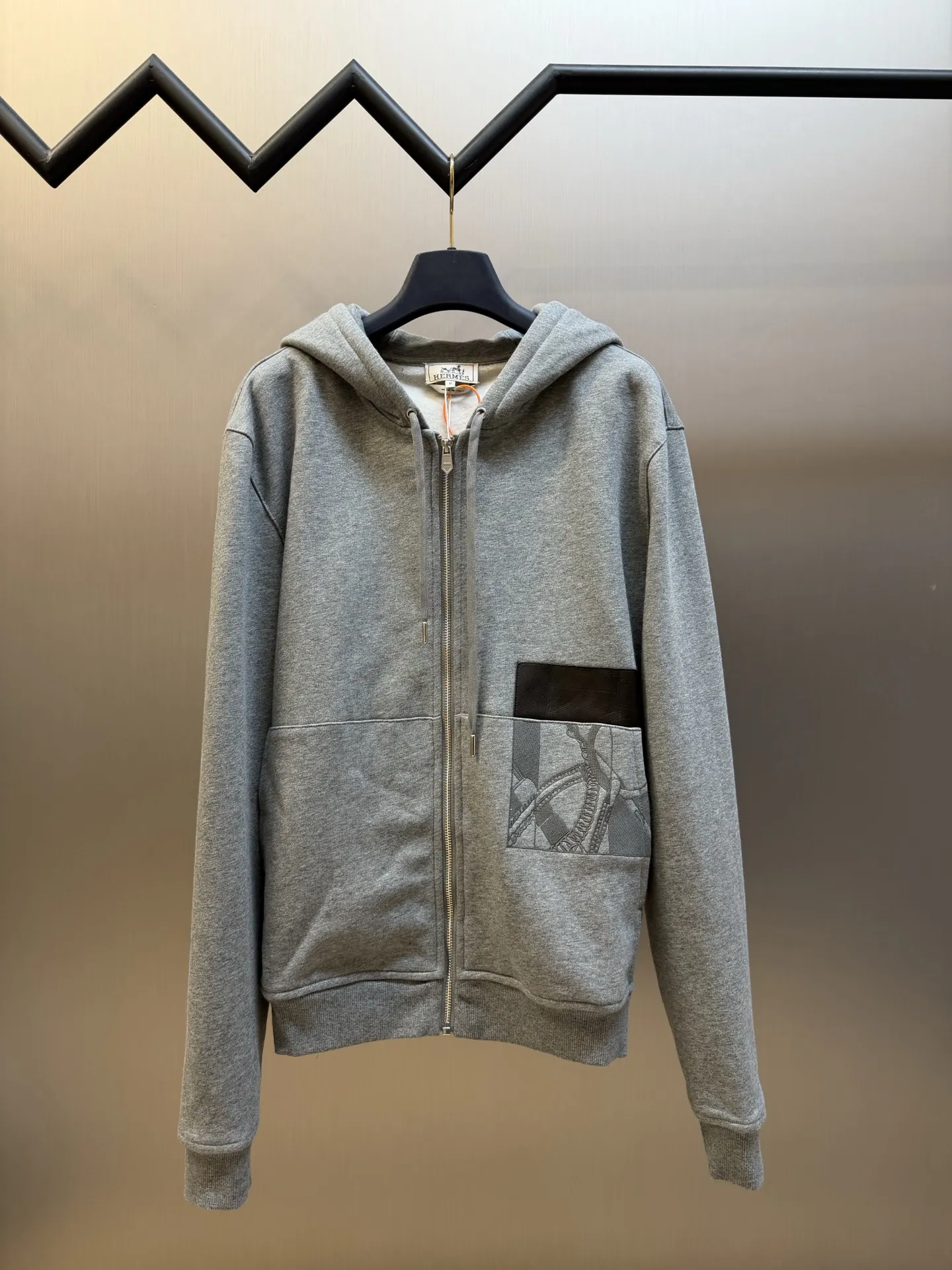 Leather-Trimmed Embroidered Zip-Up Hoodie D34520451