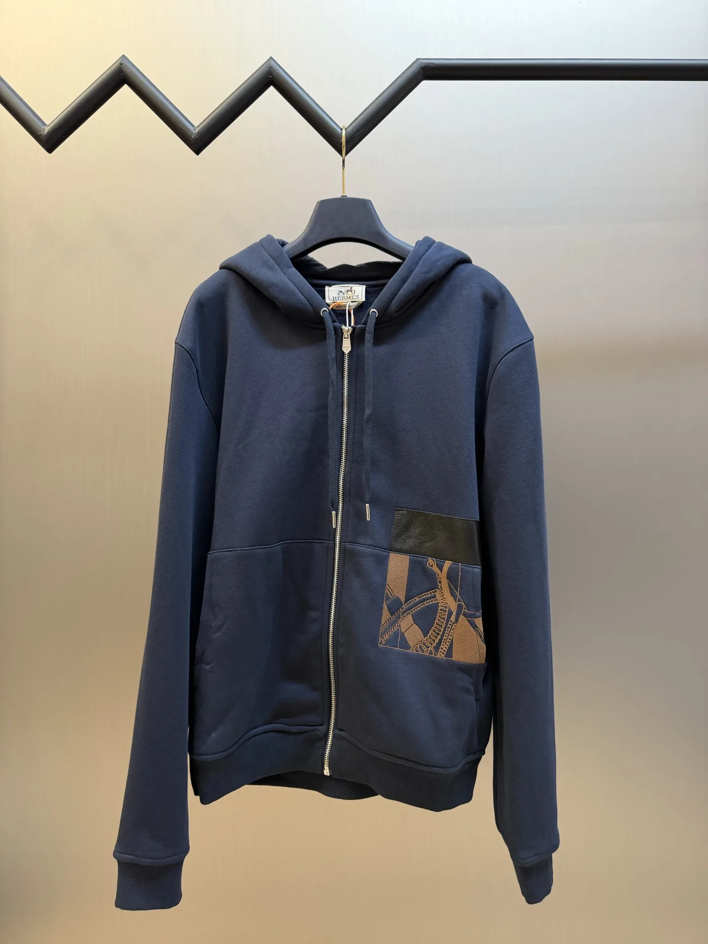 Hermès Embroidered Leather-Trim Zip-Up Hoodie D34520452