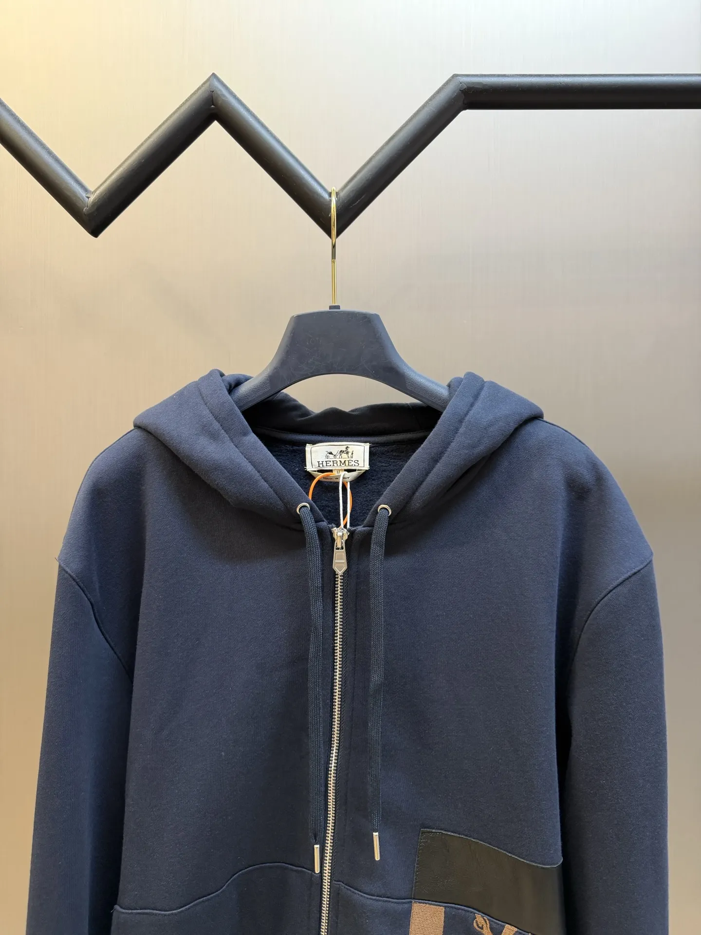 Hermès Embroidered Leather-Trim Zip-Up Hoodie D34520452 — view 2