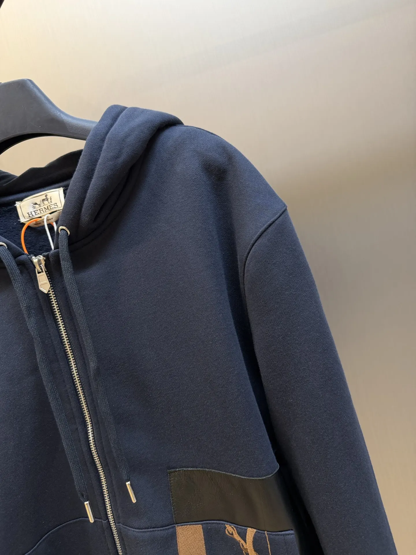 Hermès Embroidered Leather-Trim Zip-Up Hoodie D34520452 — view 3