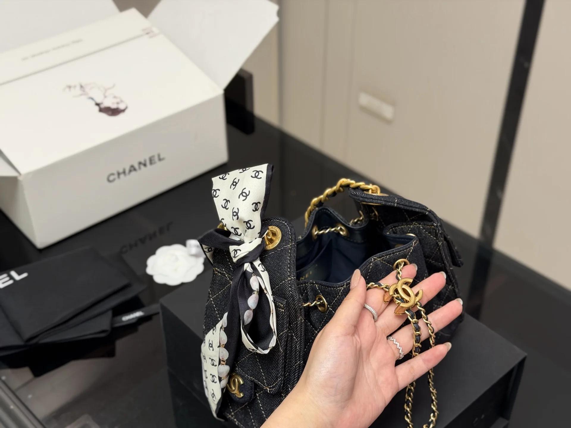 Chanel Quilted Denim Bucket Bag D38018409 — view 3