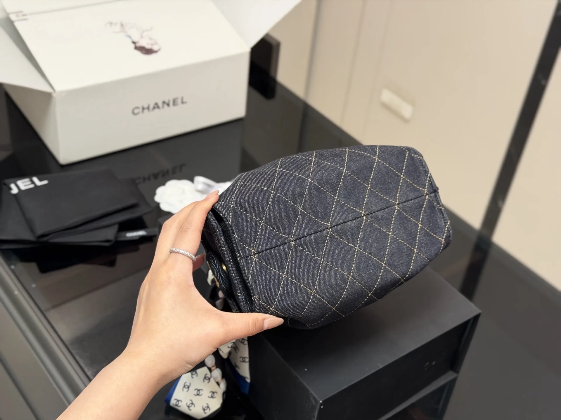 Chanel Quilted Denim Bucket Bag D38018409 — view 9
