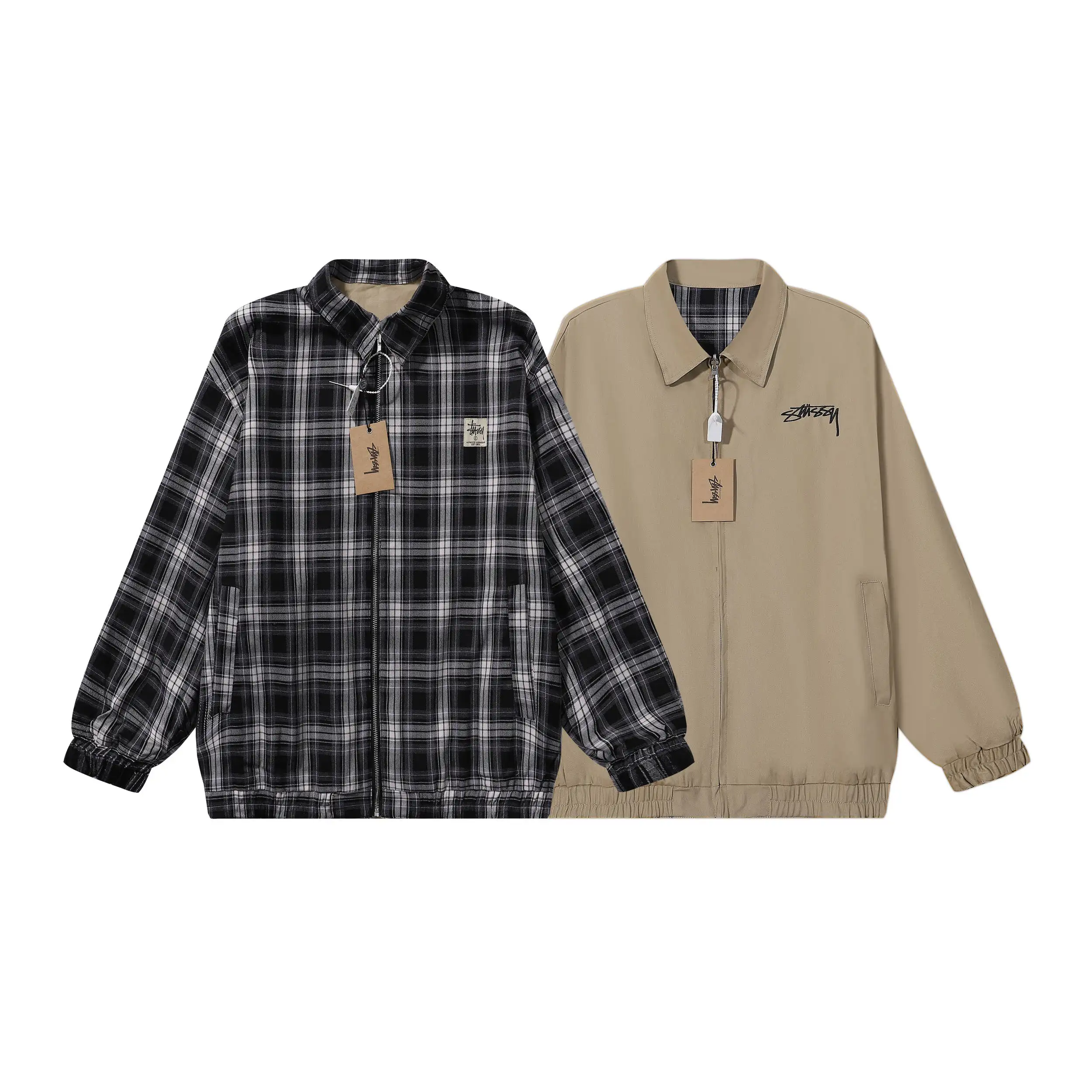 Reversible Plaid and Solid Zip-Up Jacket D13516060