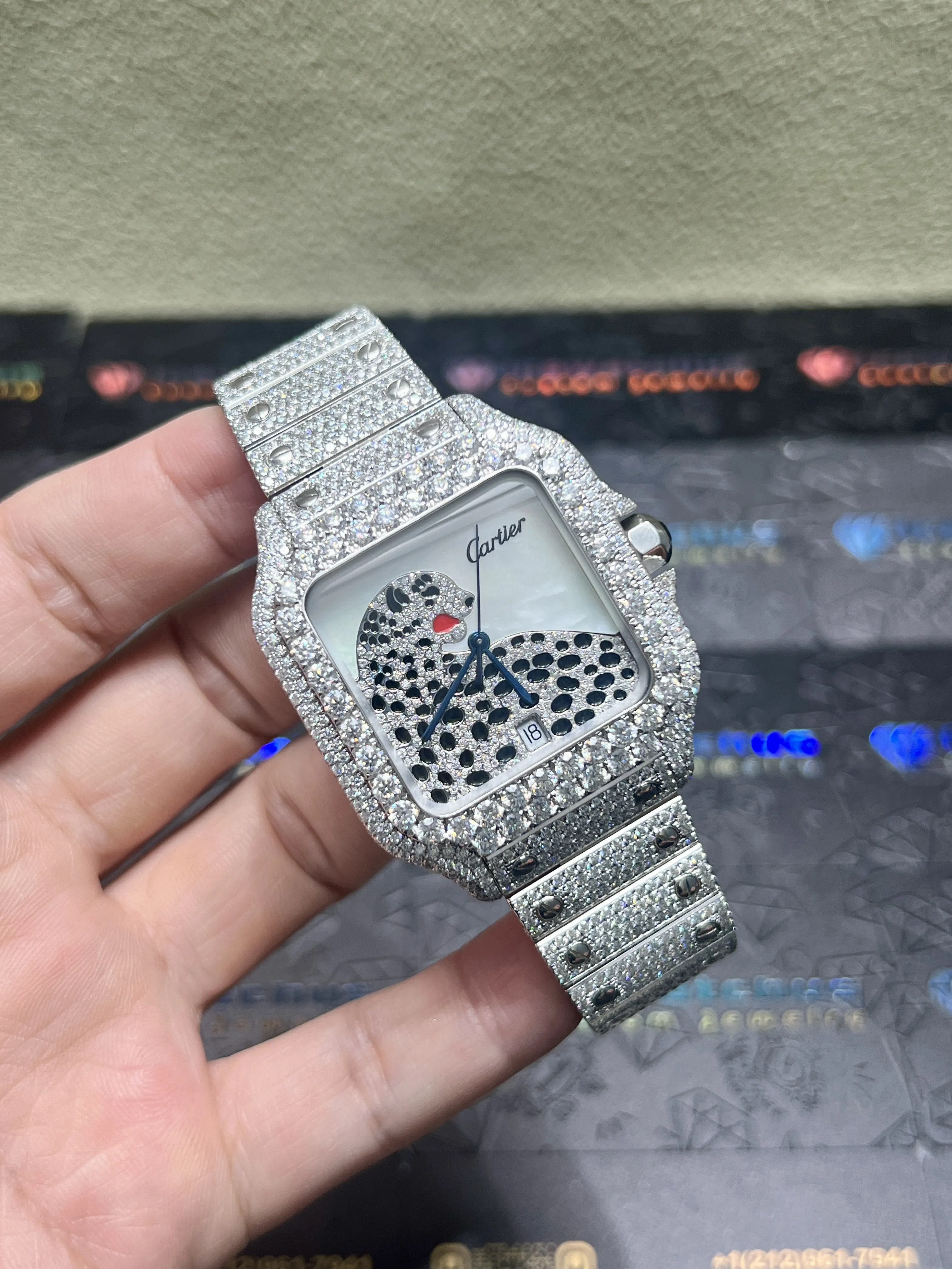 Cartier Santos-Style Iced-Out Panther Motif Watch D1147519405 — view 2