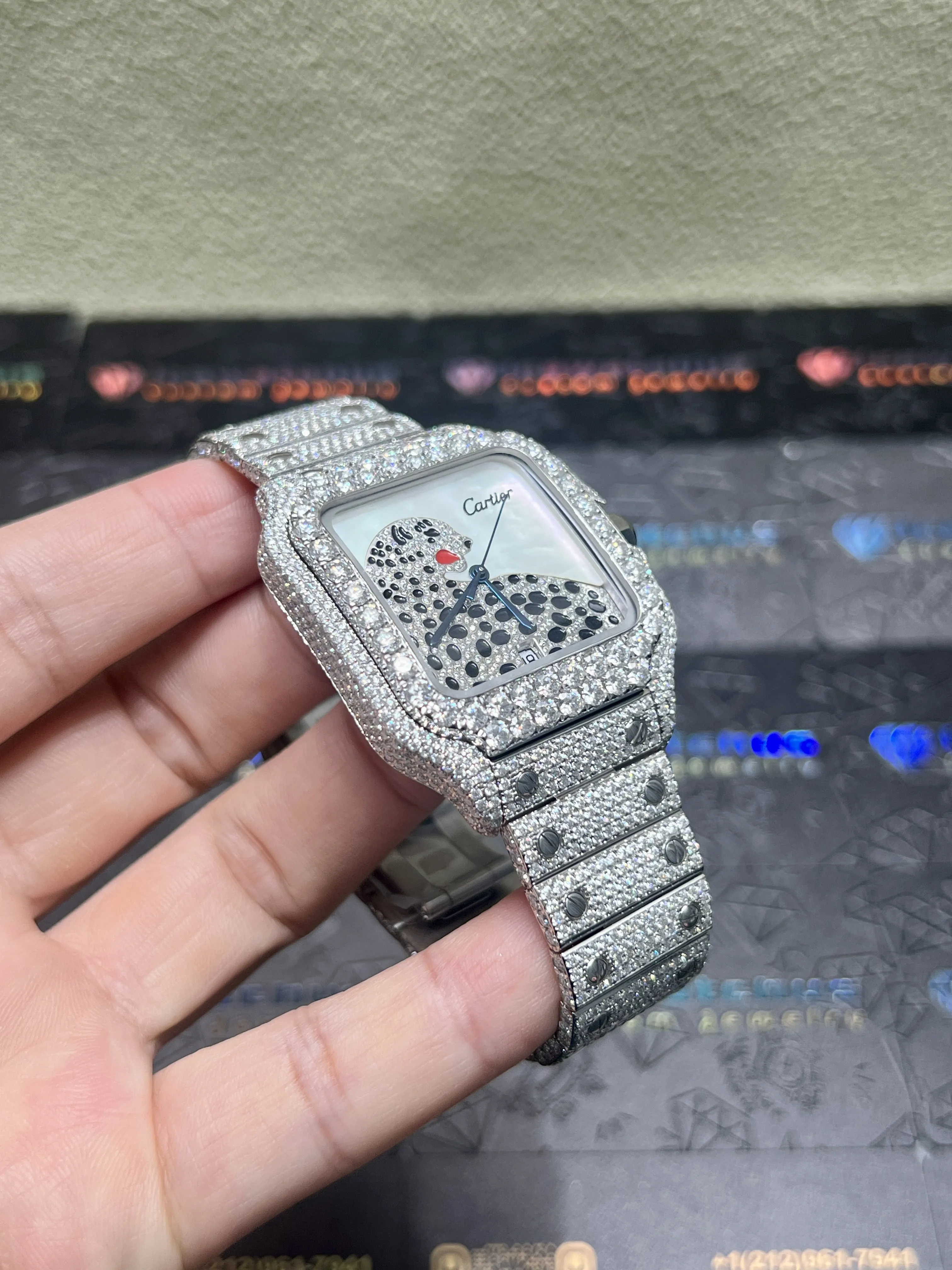 Cartier Santos-Style Iced-Out Panther Motif Watch D1147519405 — view 3