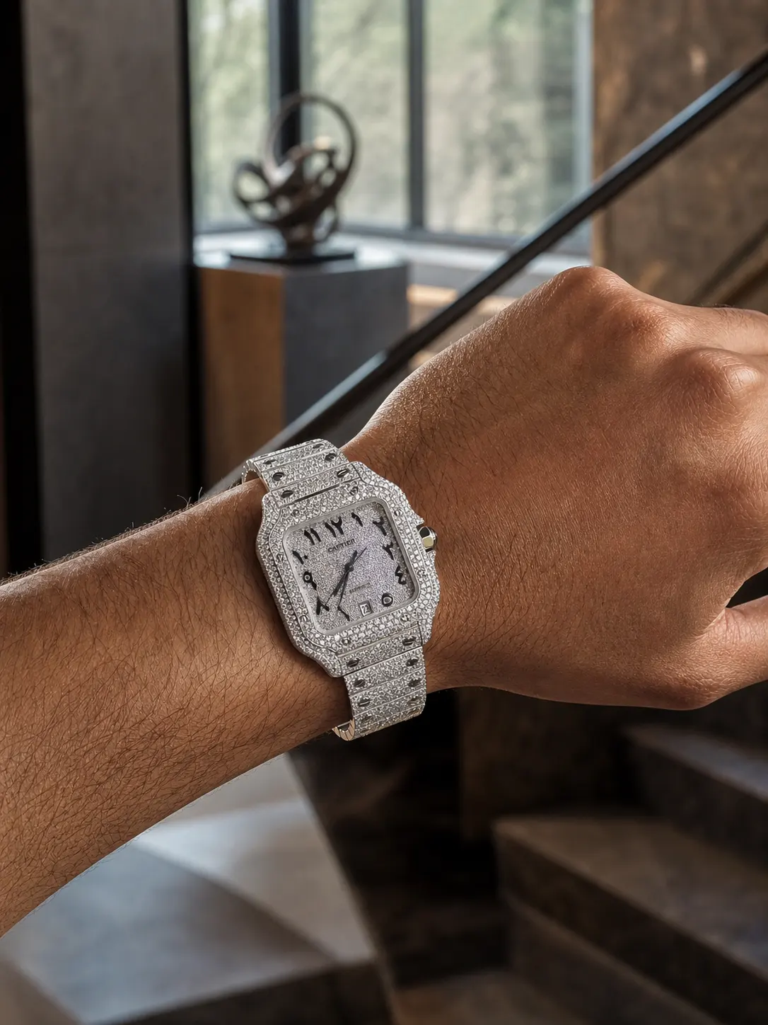 Cartier Santos-Style Iced-Out Silver Pavé Dial Watch D1147519413