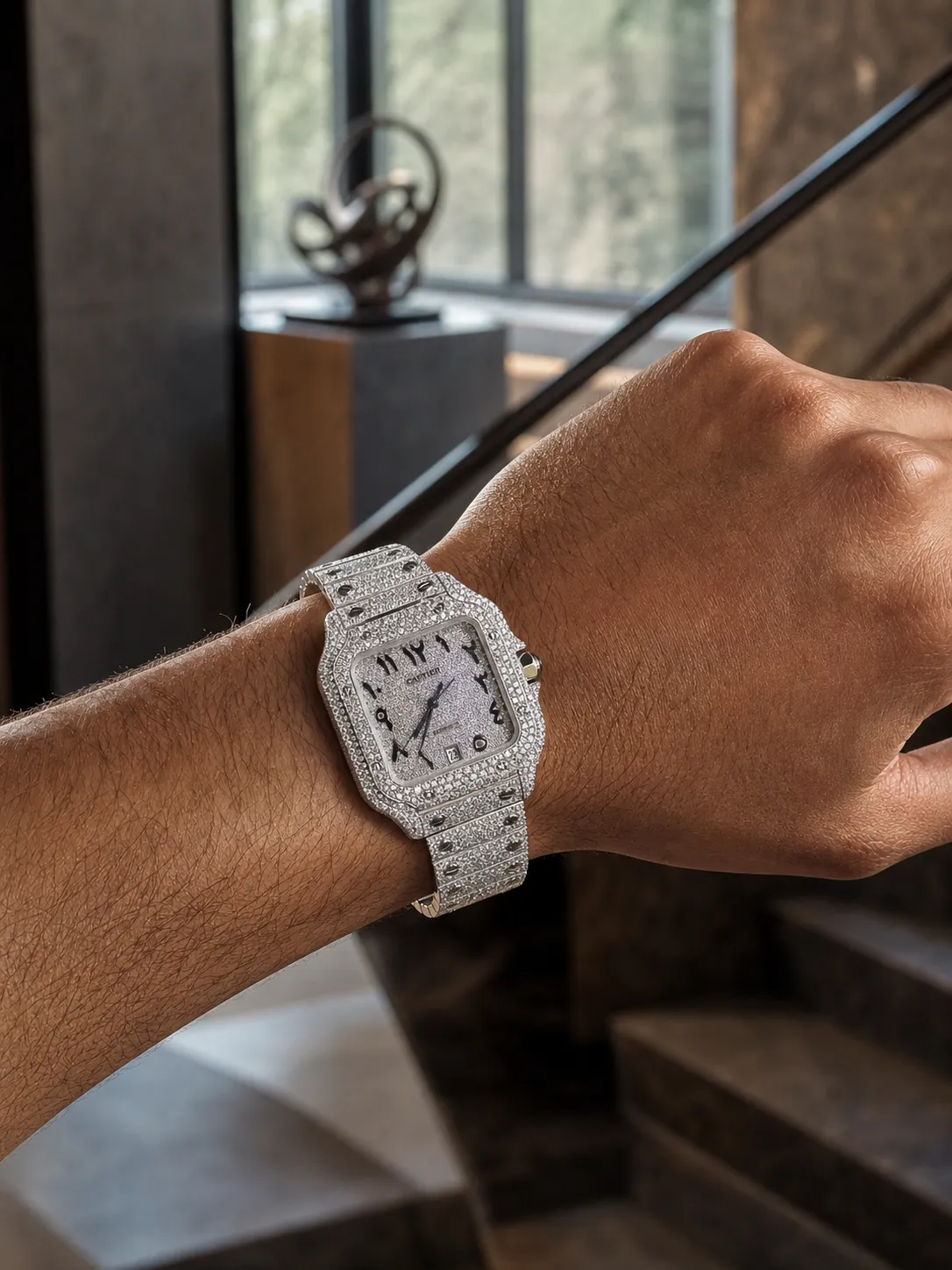 Cartier Santos-Style Iced-Out Silver Pavé Dial Watch D1147519413