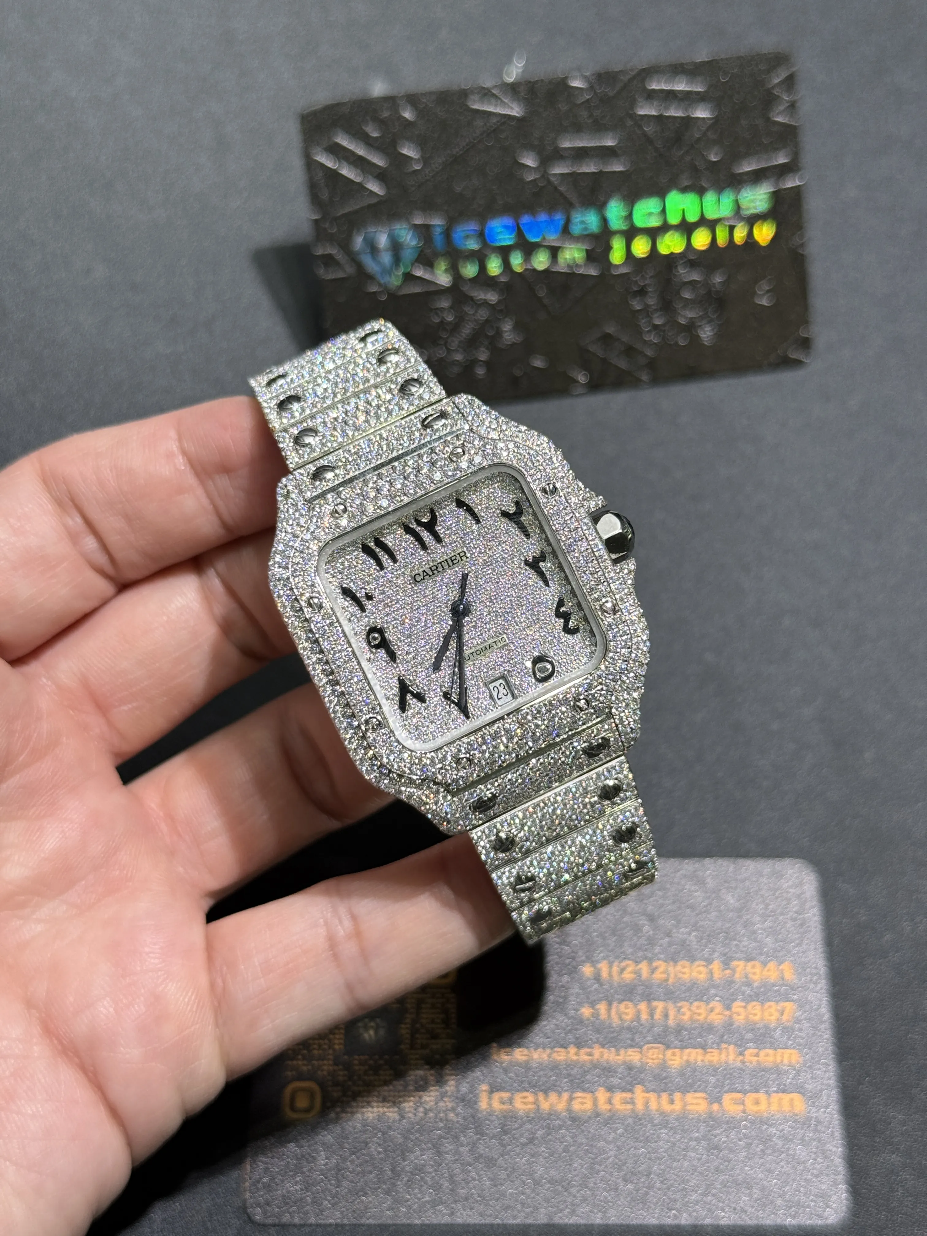 Cartier Santos-Style Iced-Out Silver Pavé Dial Watch D1147519413 — view 2