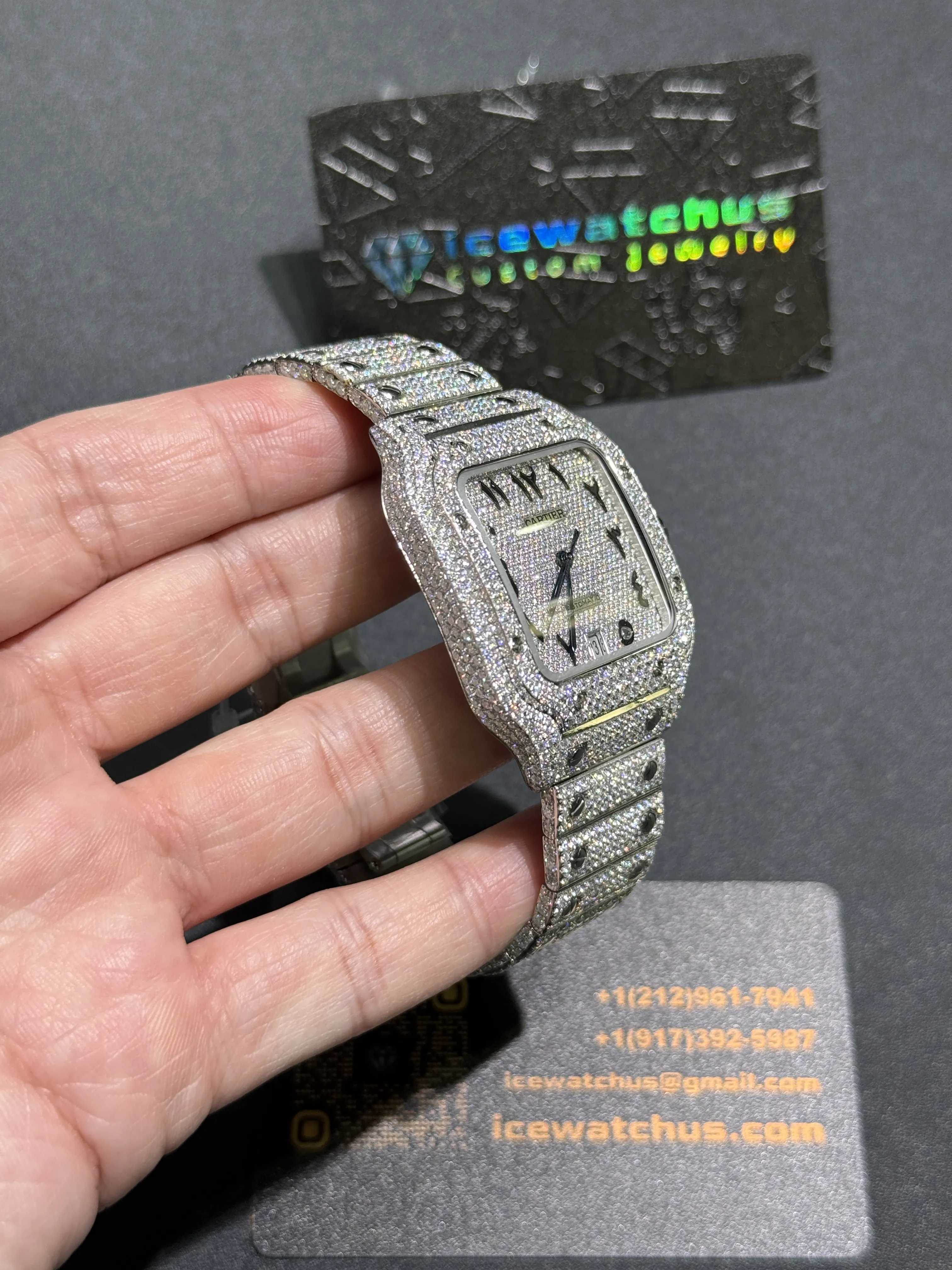 Cartier Santos-Style Iced-Out Silver Pavé Dial Watch D1147519413 — view 3