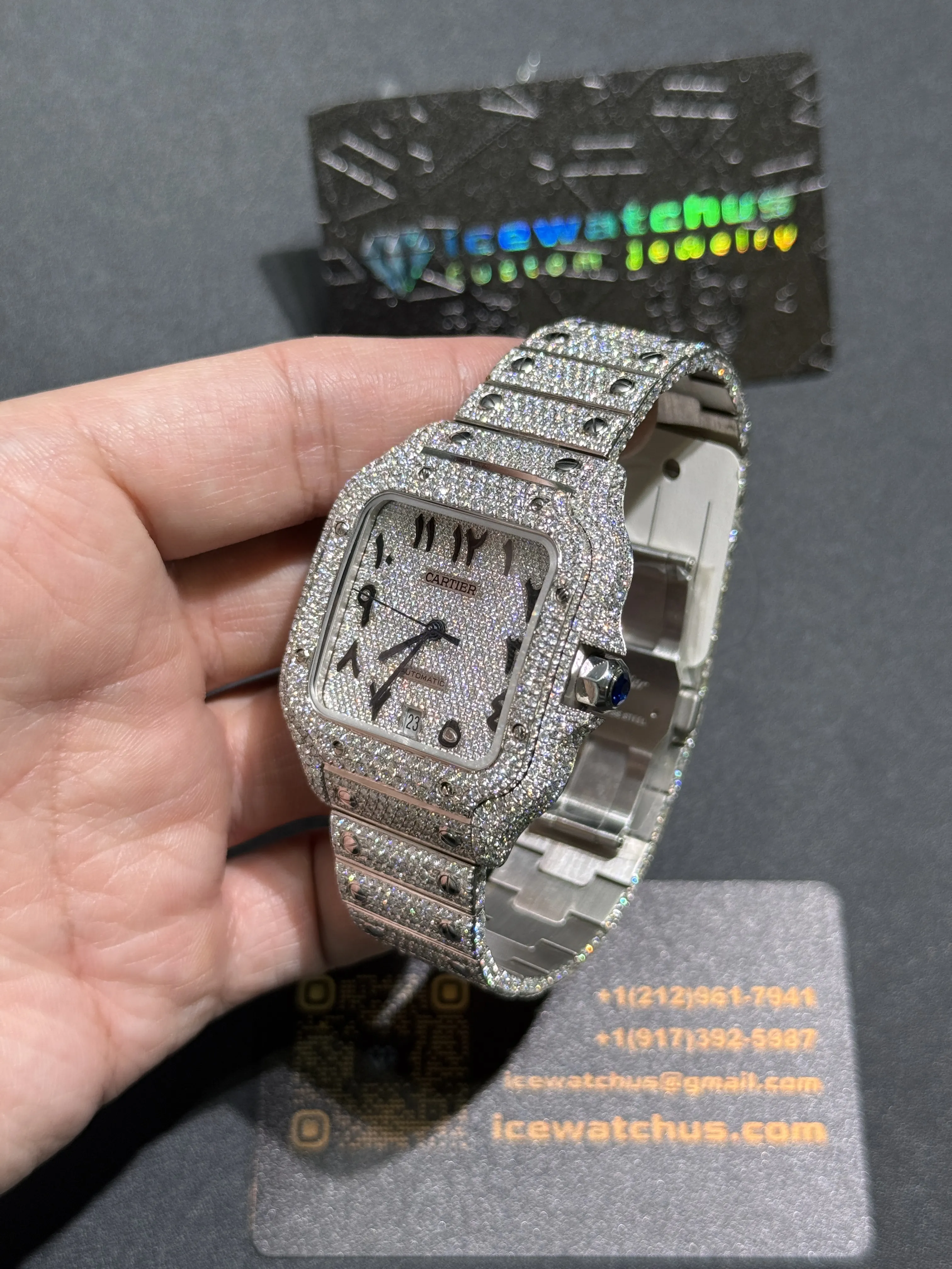 Cartier Santos-Style Iced-Out Silver Pavé Dial Watch D1147519413 — view 5