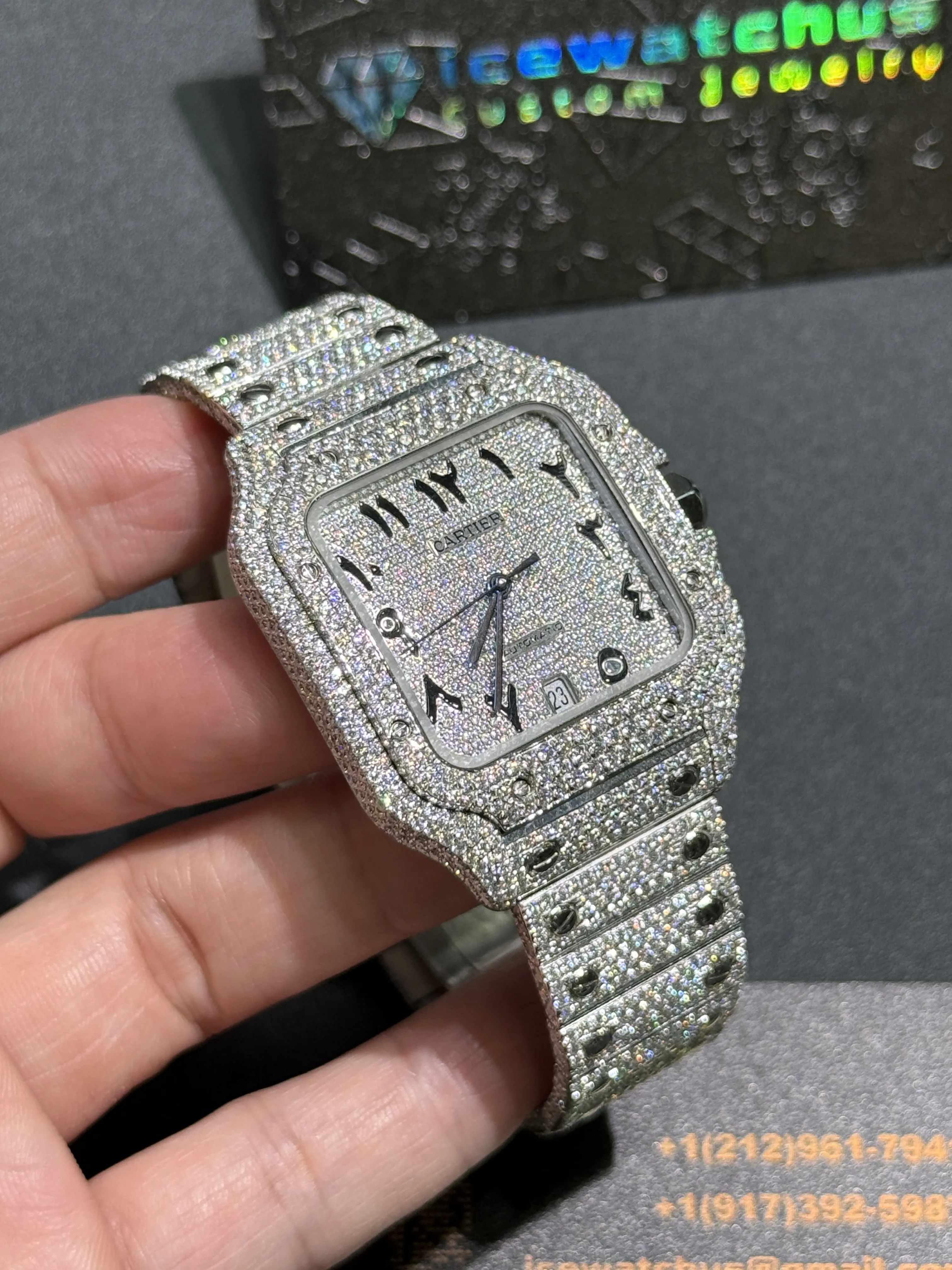 Cartier Santos-Style Iced-Out Silver Pavé Dial Watch D1147519413 — view 10