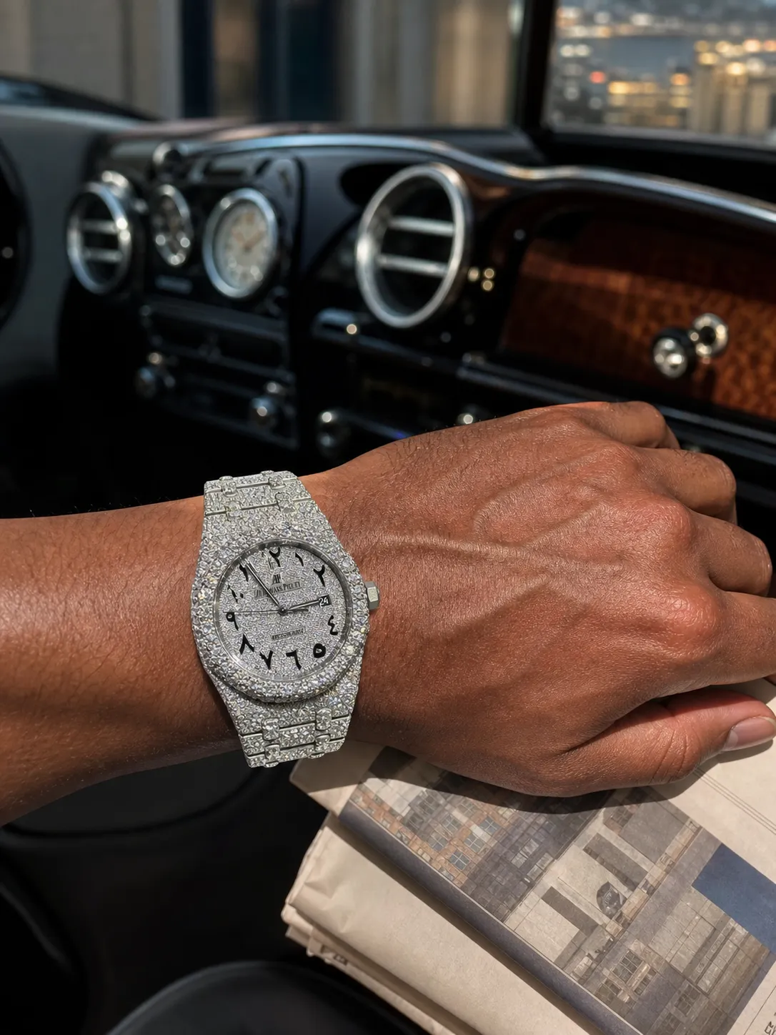 Audemars Piguet Royal Oak-Style Iced-Out Raised-Bezel Silver Watch D1215019415