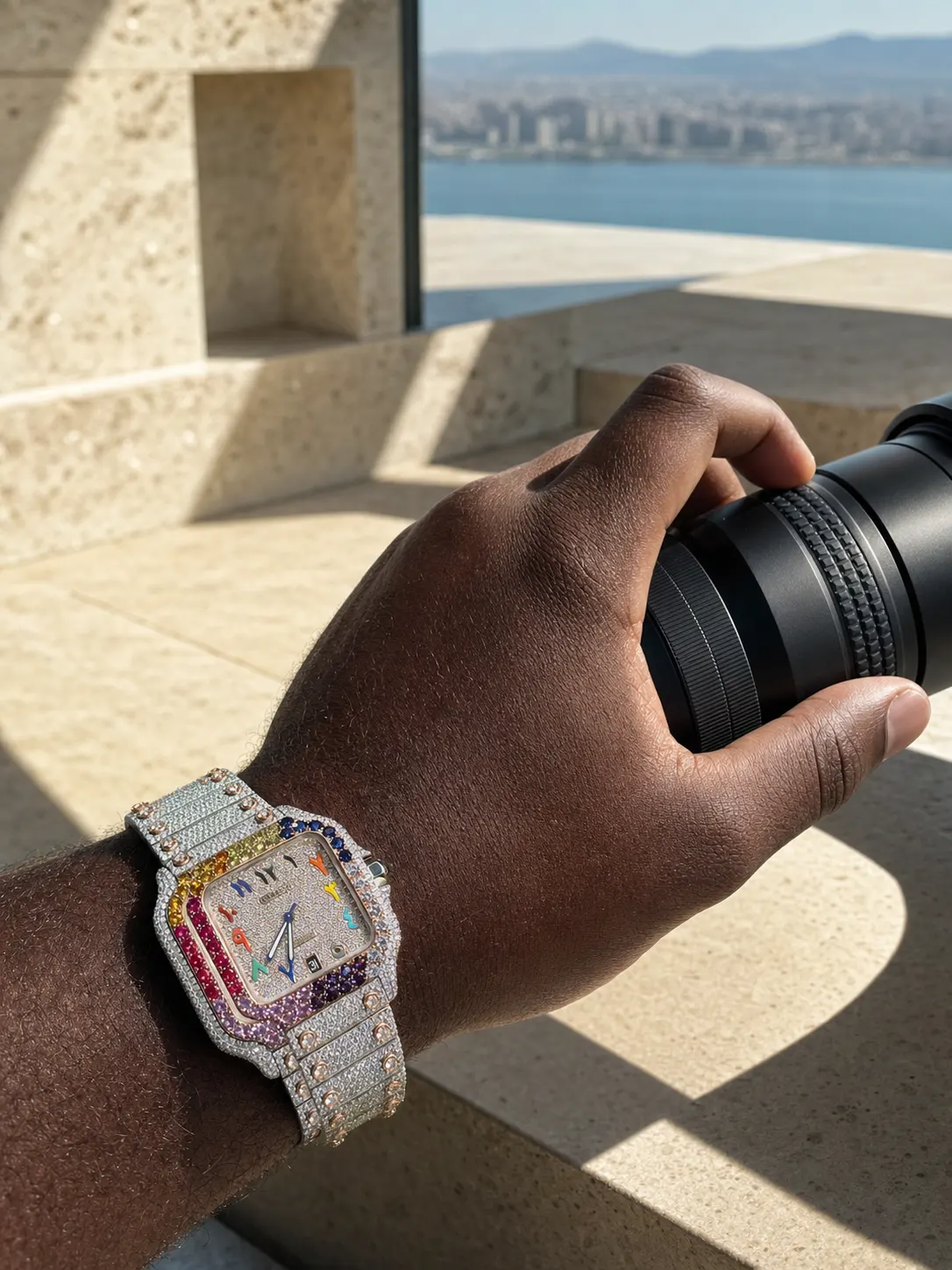 Cartier Santos-Style Iced-Out Rainbow Bezel Watch D1147519418