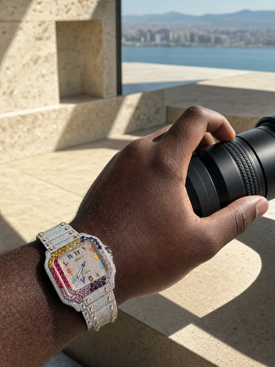 Cartier Santos-Style Iced-Out Rainbow Bezel Watch D1147519418