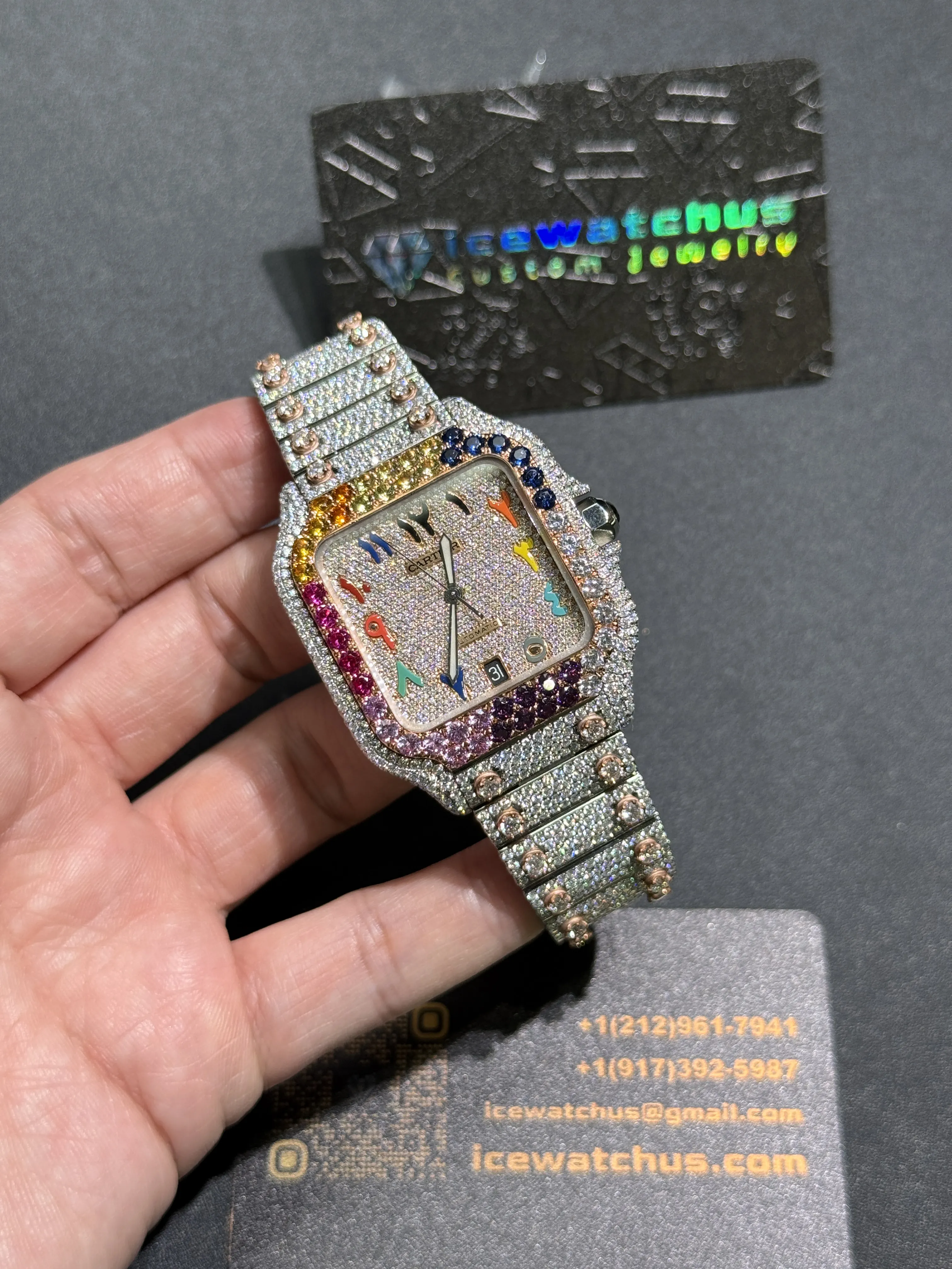Cartier Santos-Style Iced-Out Rainbow Bezel Watch D1147519418 — view 2