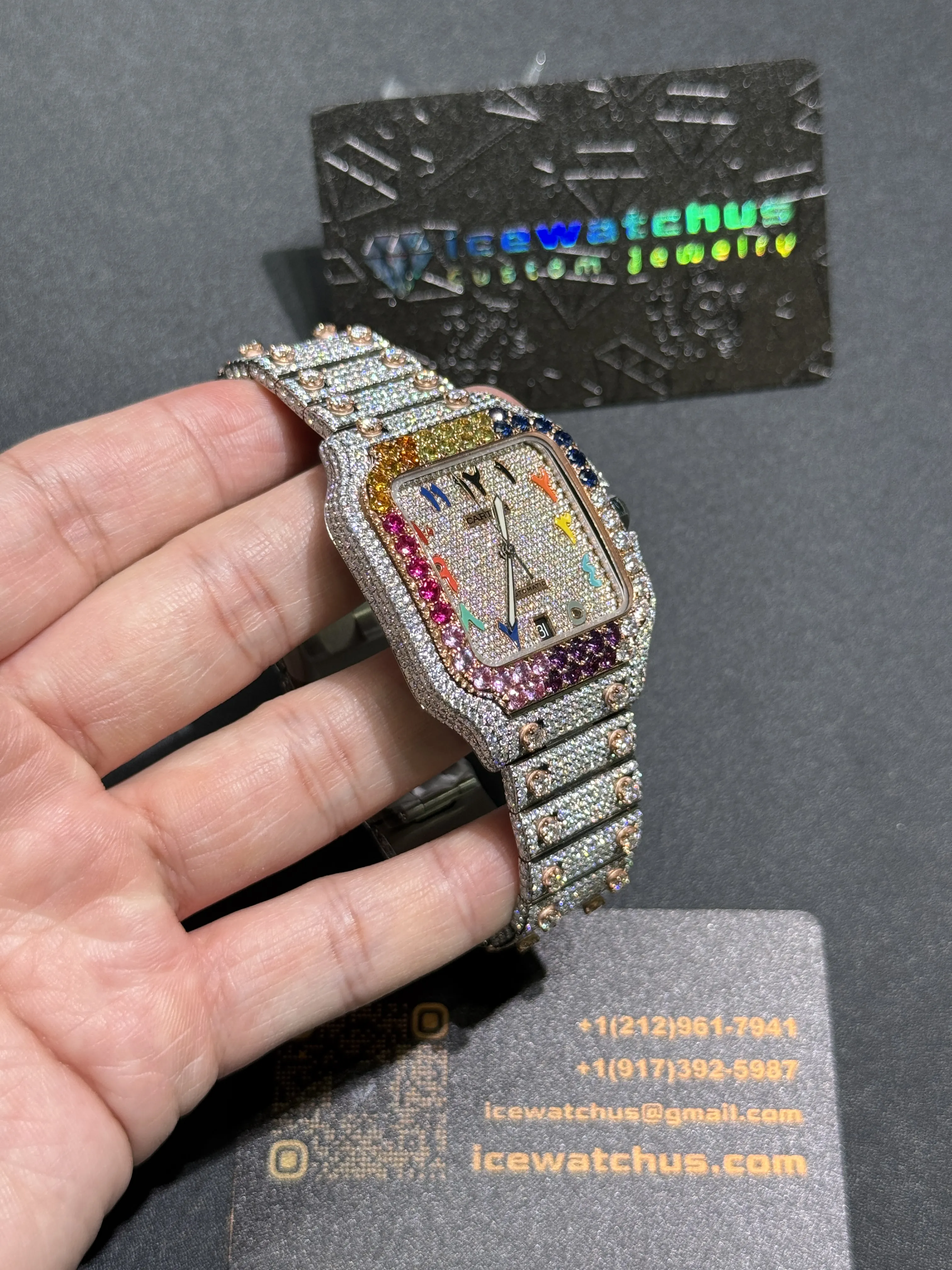Cartier Santos-Style Iced-Out Rainbow Bezel Watch D1147519418 — view 3
