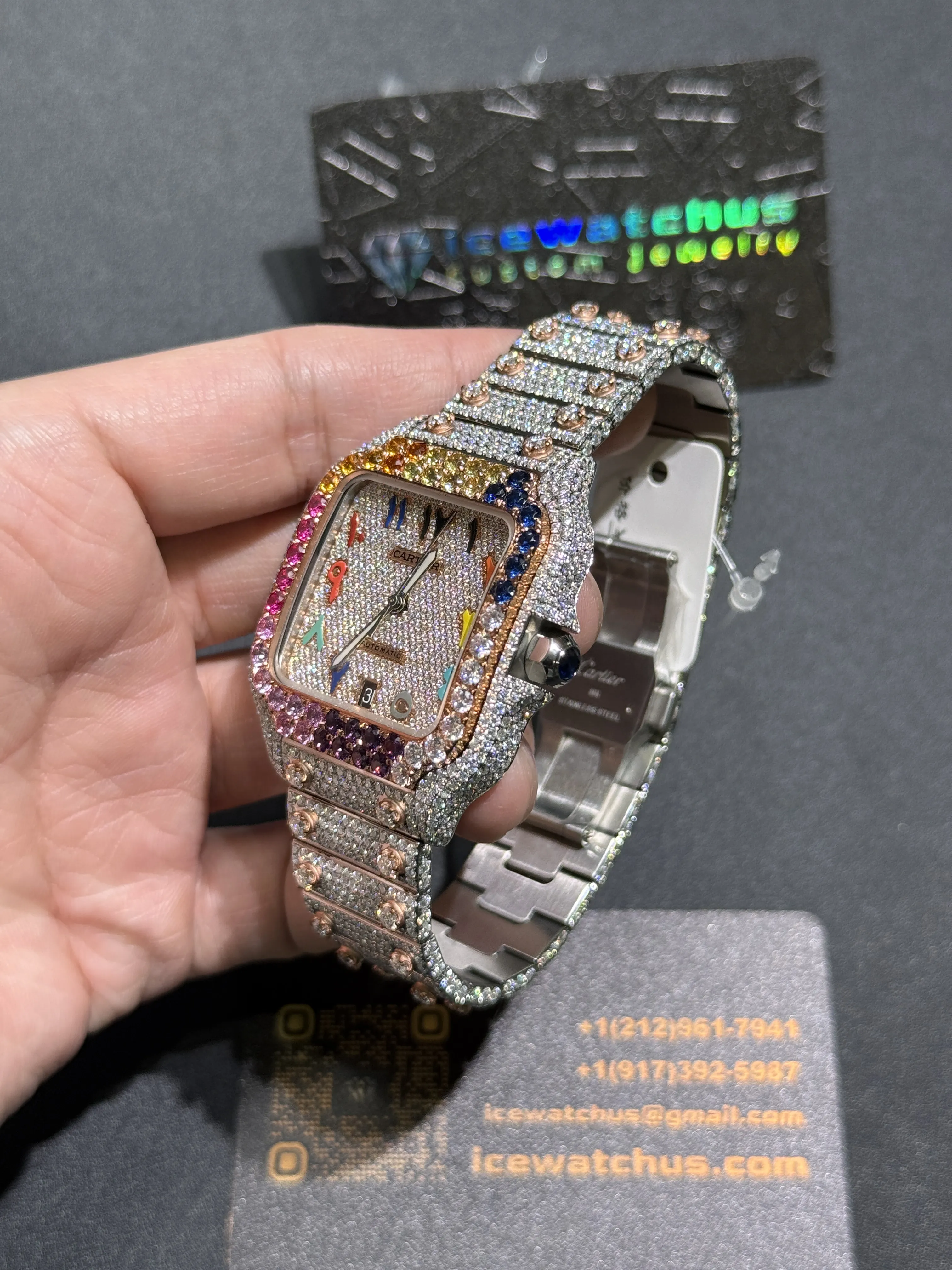 Cartier Santos-Style Iced-Out Rainbow Bezel Watch D1147519418 — view 5