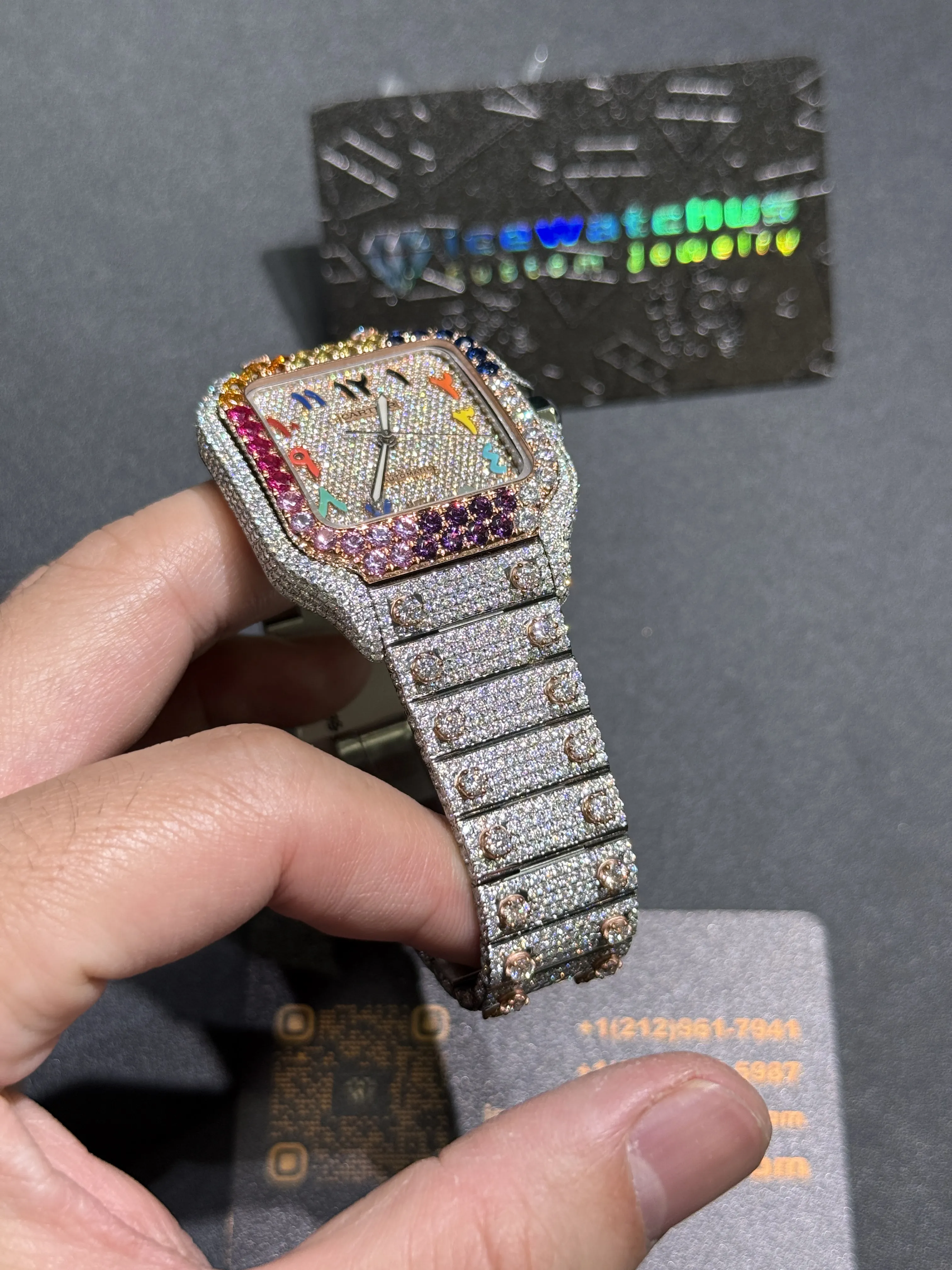 Cartier Santos-Style Iced-Out Rainbow Bezel Watch D1147519418 — view 9