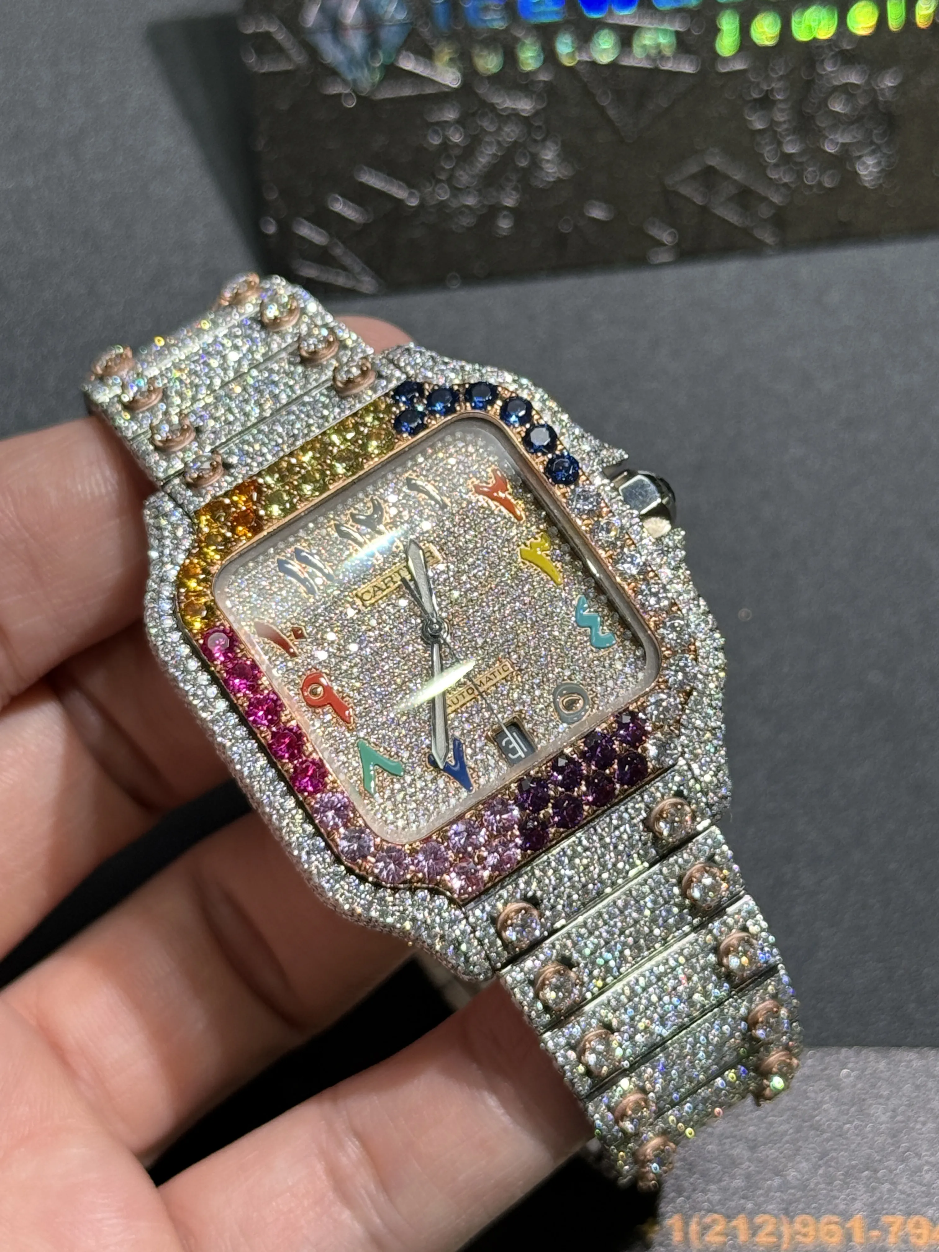 Cartier Santos-Style Iced-Out Rainbow Bezel Watch D1147519418 — view 10