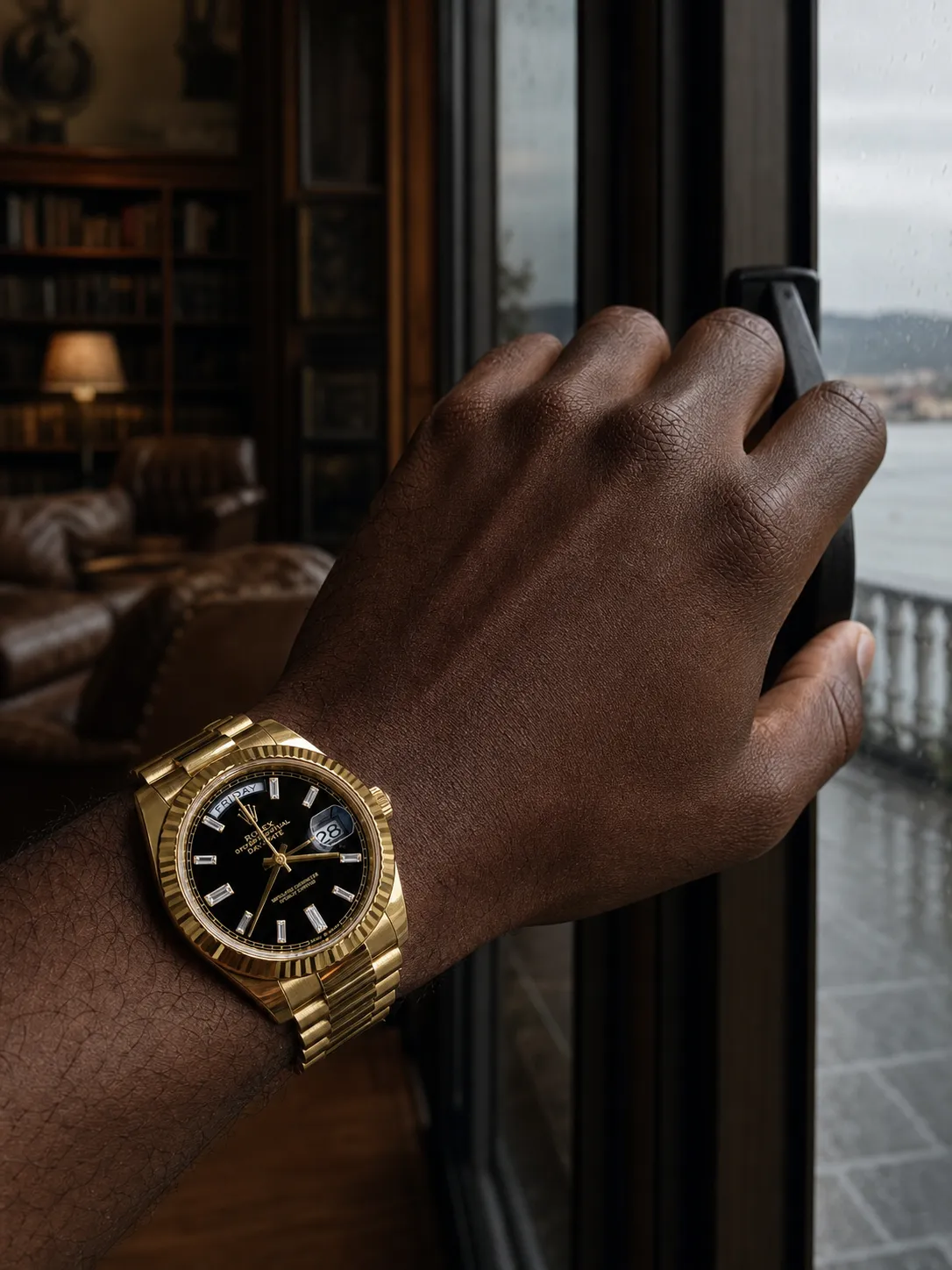 Rolex Day-Date 40-Style Gold-Tone Baguette Black Dial Watch D465819420