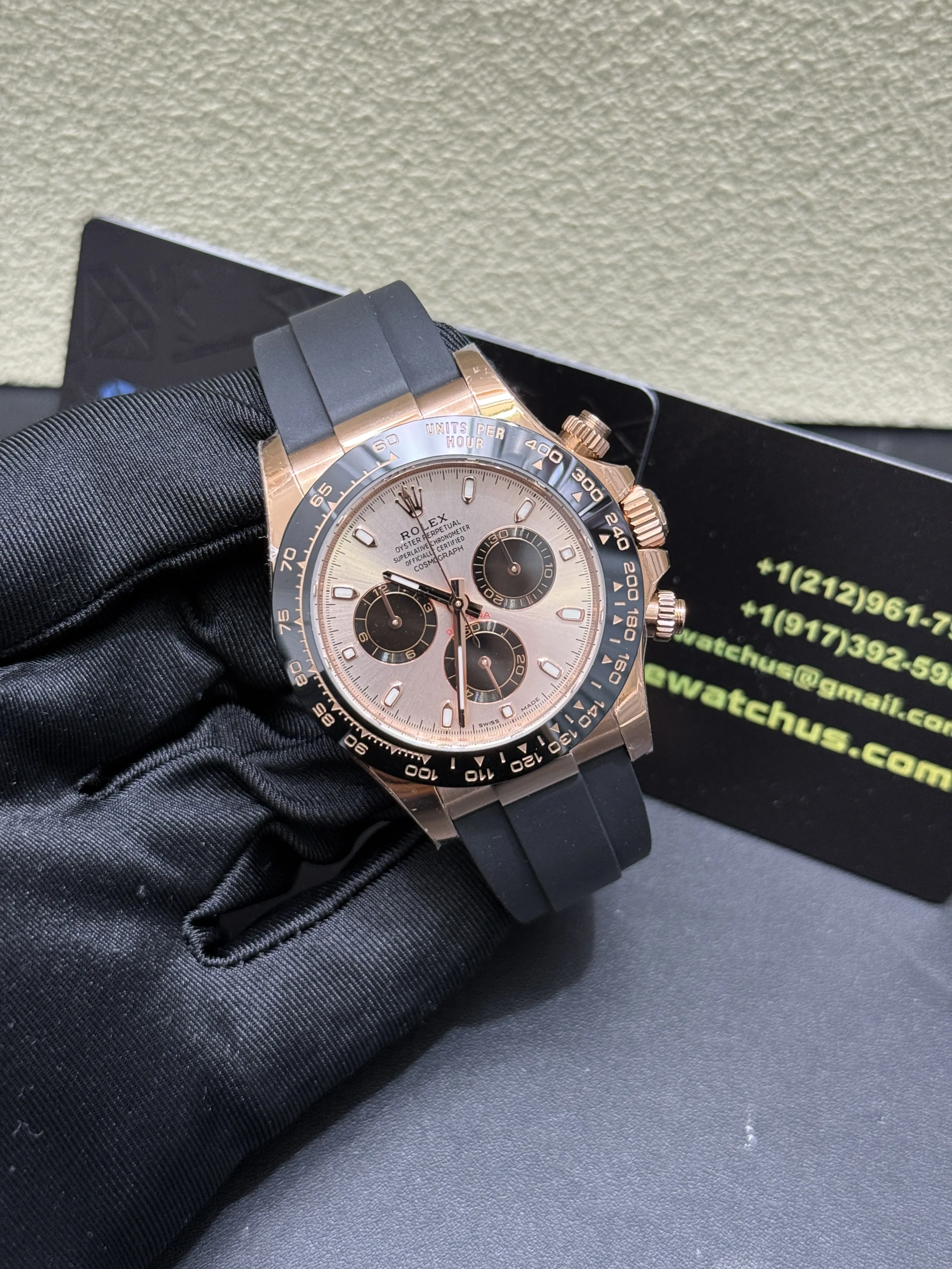 Rolex Daytona-Style Rose Gold Black Bezel Rubber Strap Watch D594019427 — view 2
