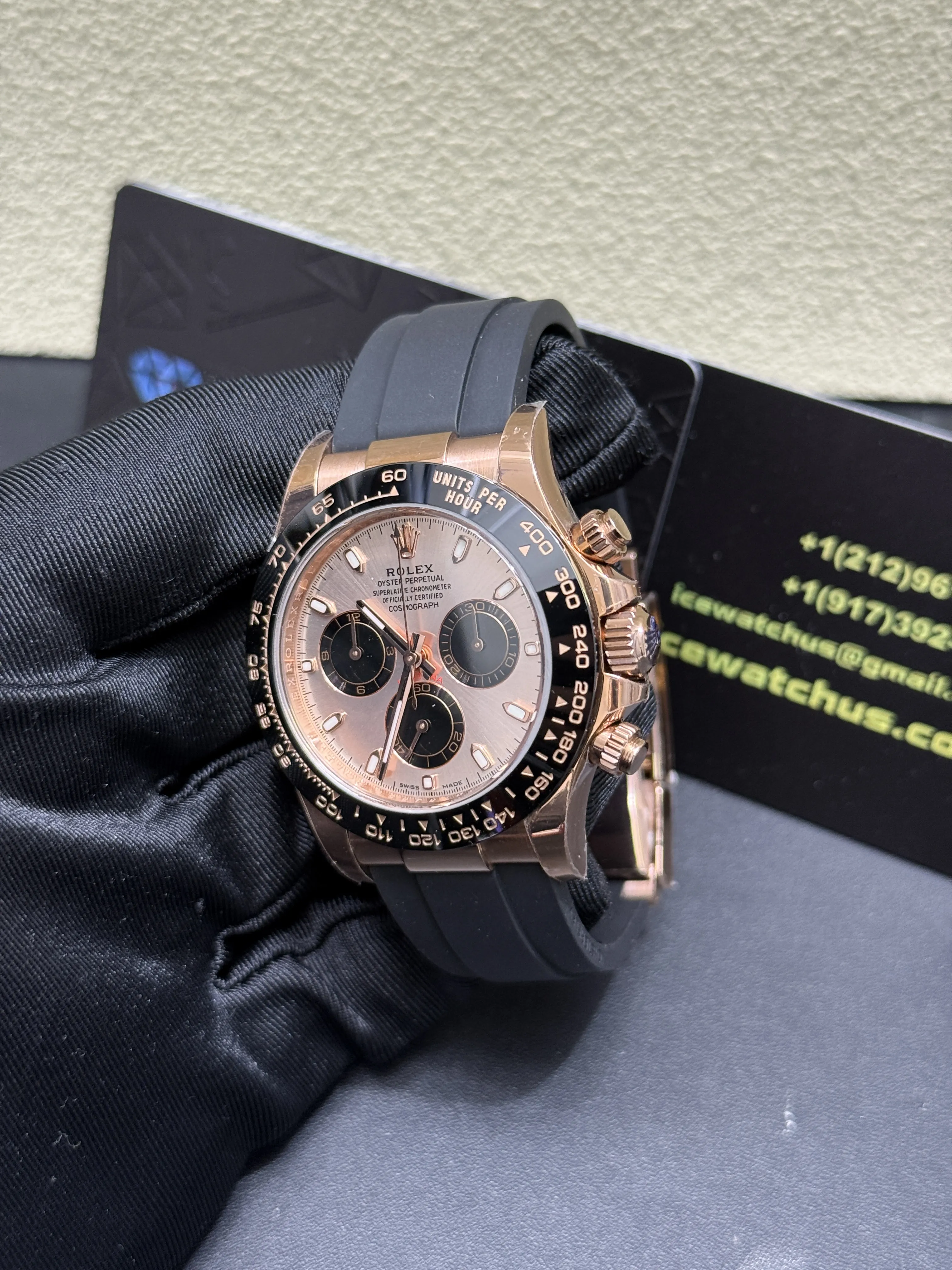 Rolex Daytona-Style Rose Gold Black Bezel Rubber Strap Watch D594019427 — view 4