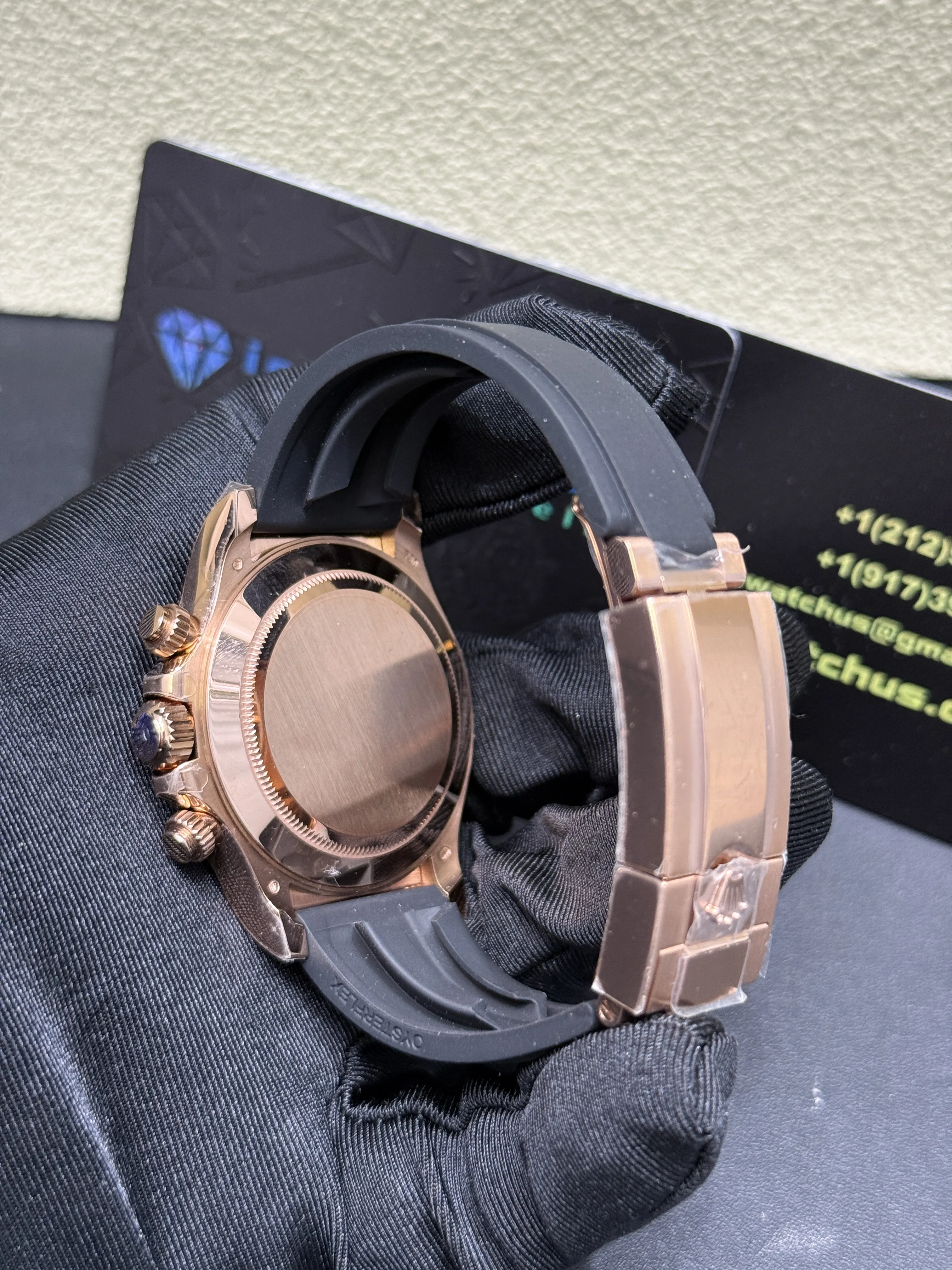 Rolex Daytona-Style Rose Gold Black Bezel Rubber Strap Watch D594019427 — view 7
