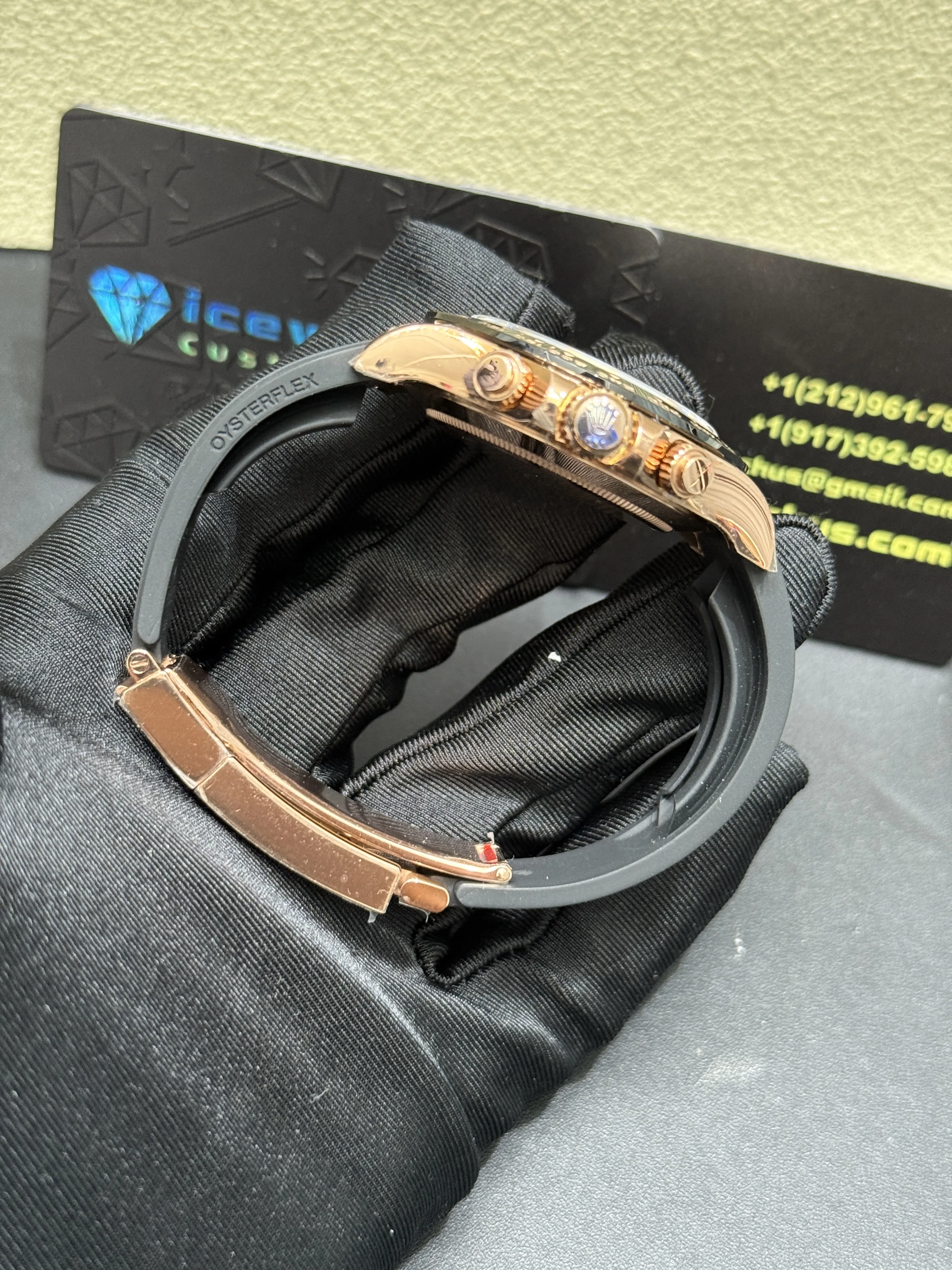 Rolex Daytona-Style Rose Gold Black Bezel Rubber Strap Watch D594019427 — view 9