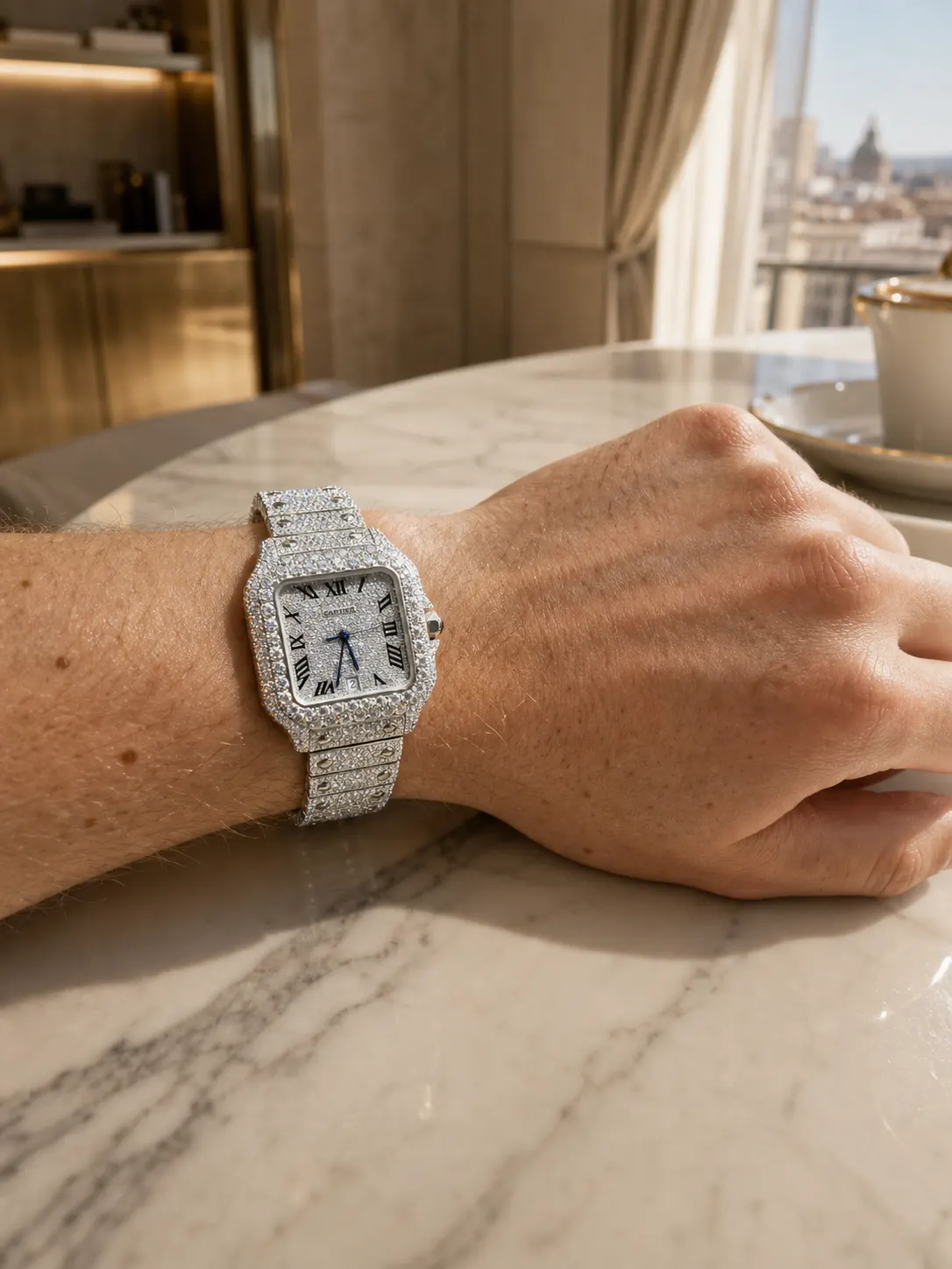 Cartier Santos-Style Iced-Out Roman Numeral Watch D1147519435