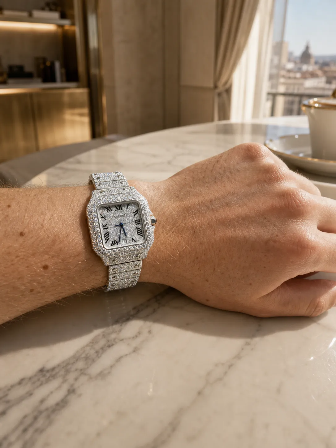 Cartier Santos-Style Iced-Out Roman Numeral Watch D1147519435