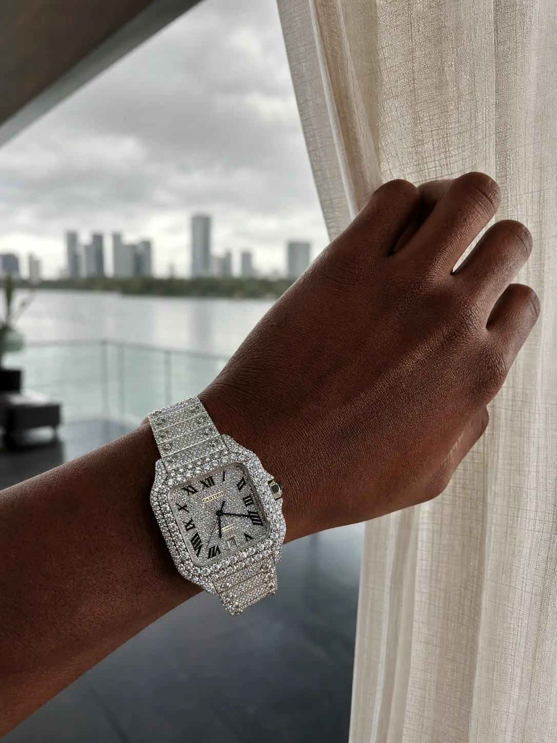 Cartier Santos-Style Fully Iced-Out Silver Roman Dial Watch D1147519436