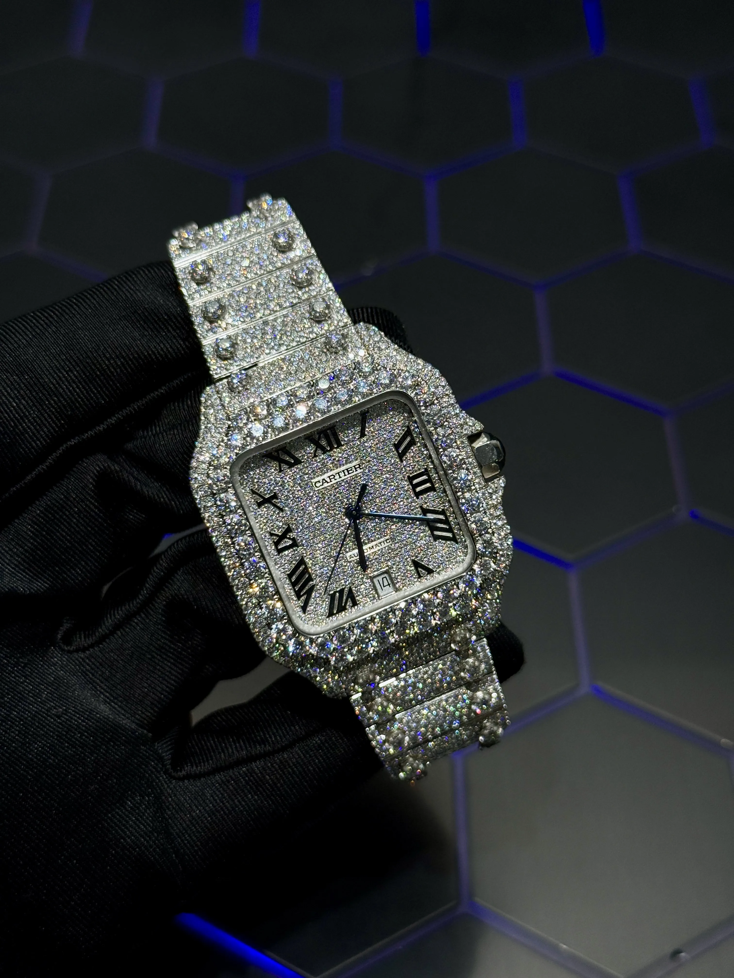 Cartier Santos-Style Fully Iced-Out Silver Roman Dial Watch D1147519436 — view 2