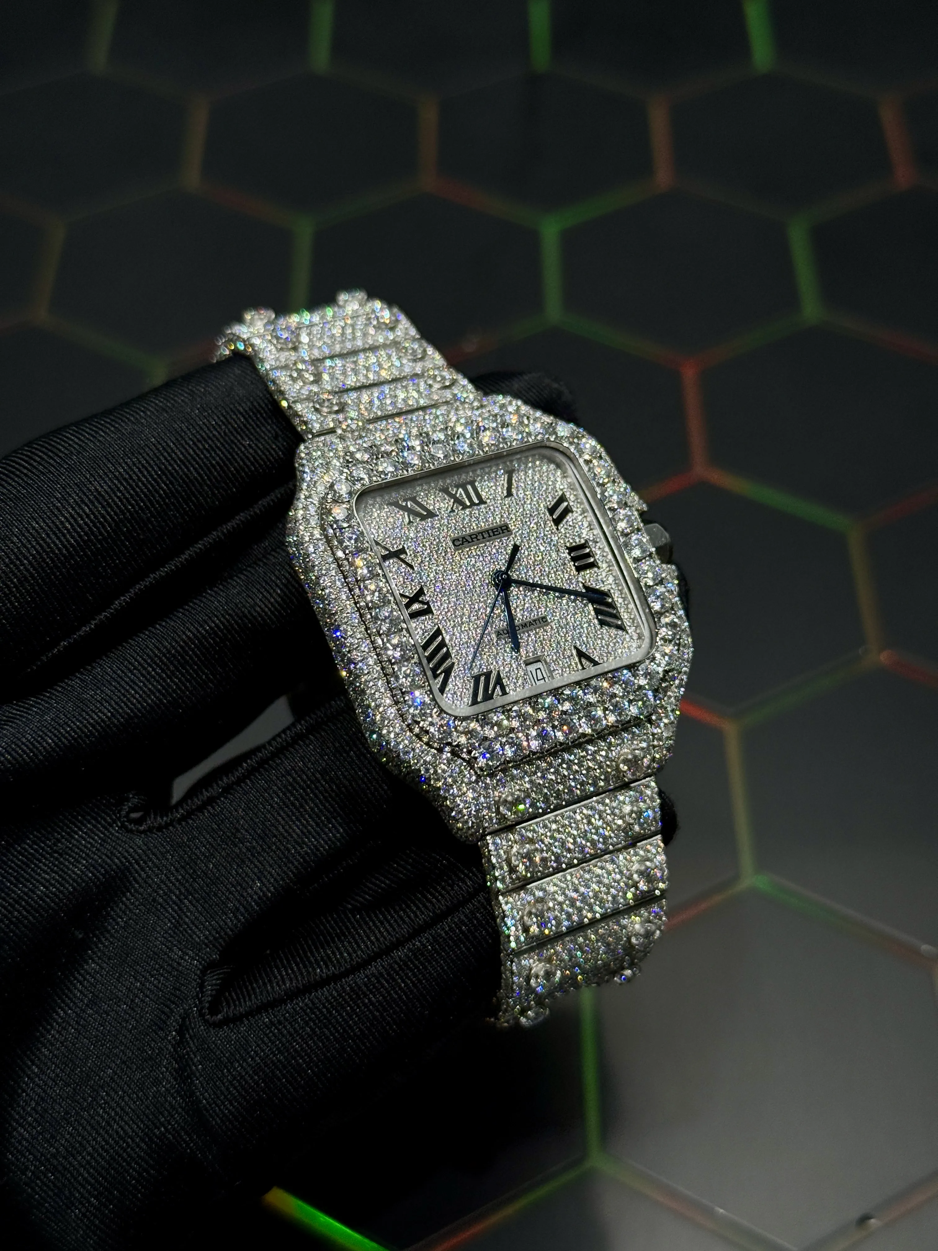 Cartier Santos-Style Fully Iced-Out Silver Roman Dial Watch D1147519436 — view 3