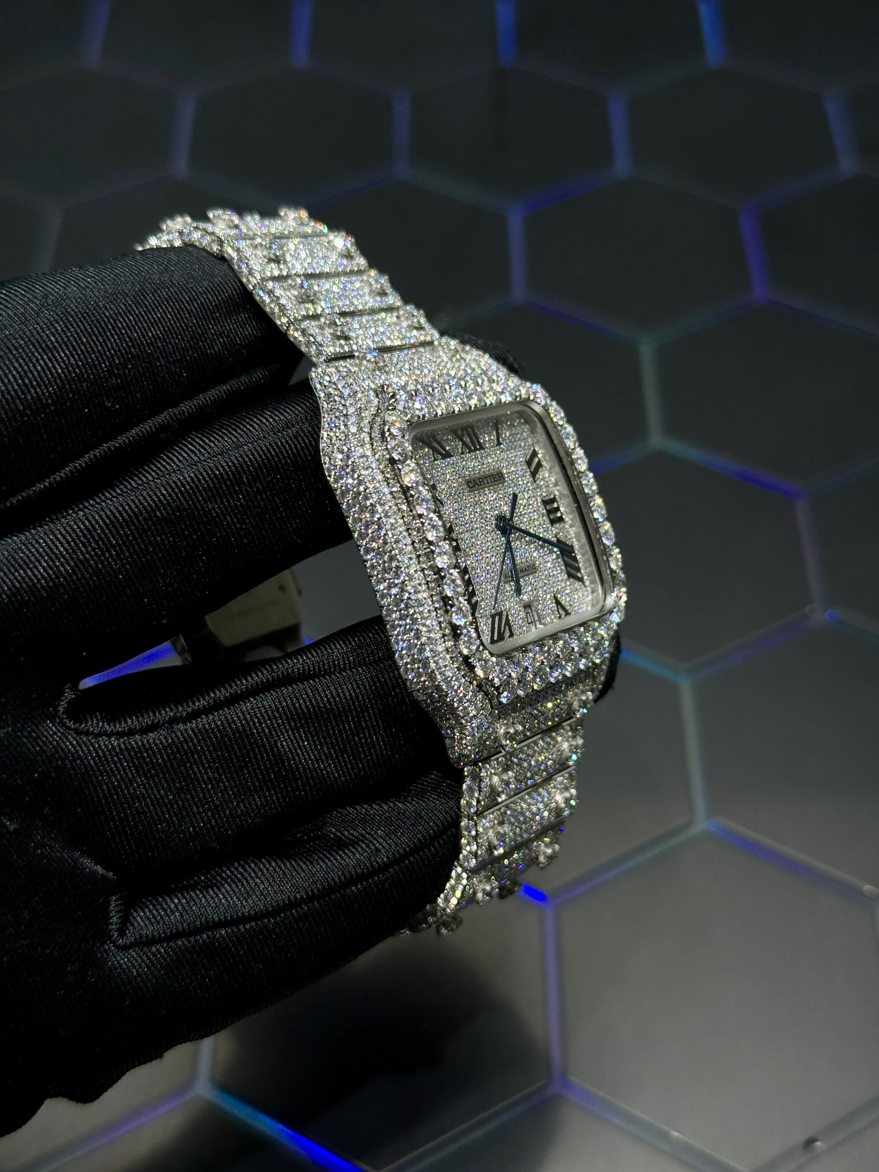 Cartier Santos-Style Fully Iced-Out Silver Roman Dial Watch D1147519436 — view 4