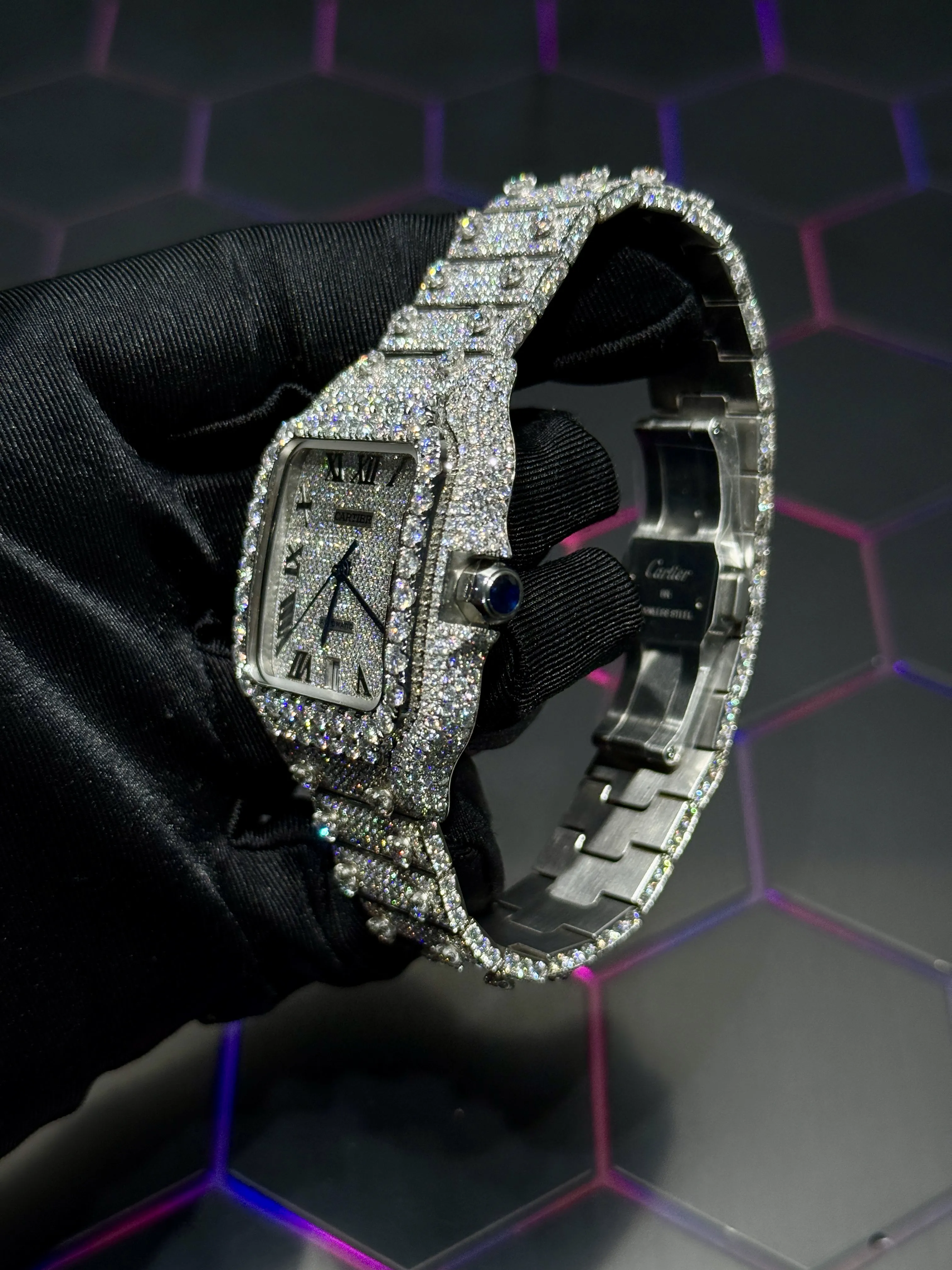 Cartier Santos-Style Fully Iced-Out Silver Roman Dial Watch D1147519436 — view 5