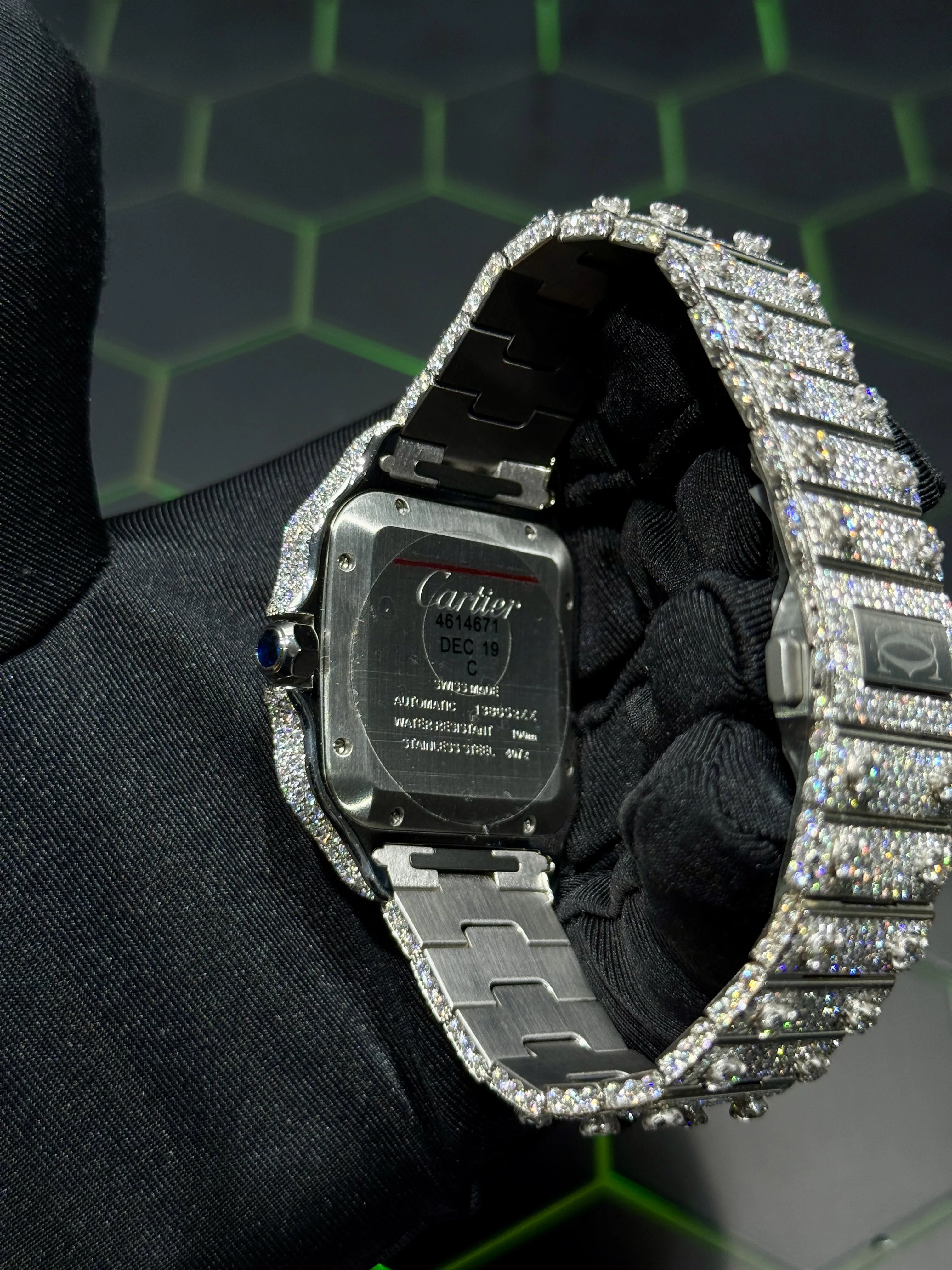 Cartier Santos-Style Fully Iced-Out Silver Roman Dial Watch D1147519436 — view 7
